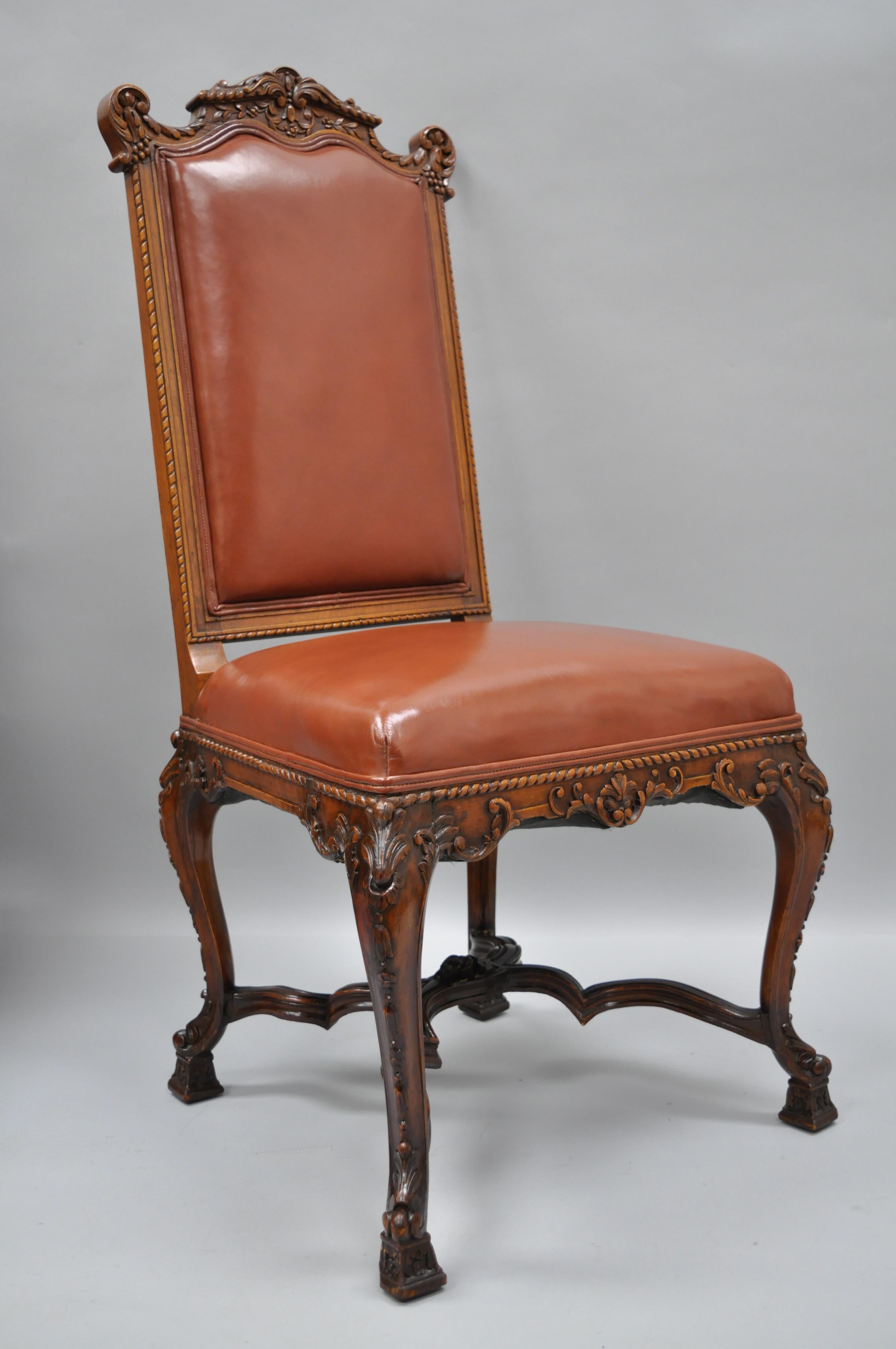 Eight Italian Renaissance Rococo Carved Walnut Needlepoint Leather Dining Chairs 13