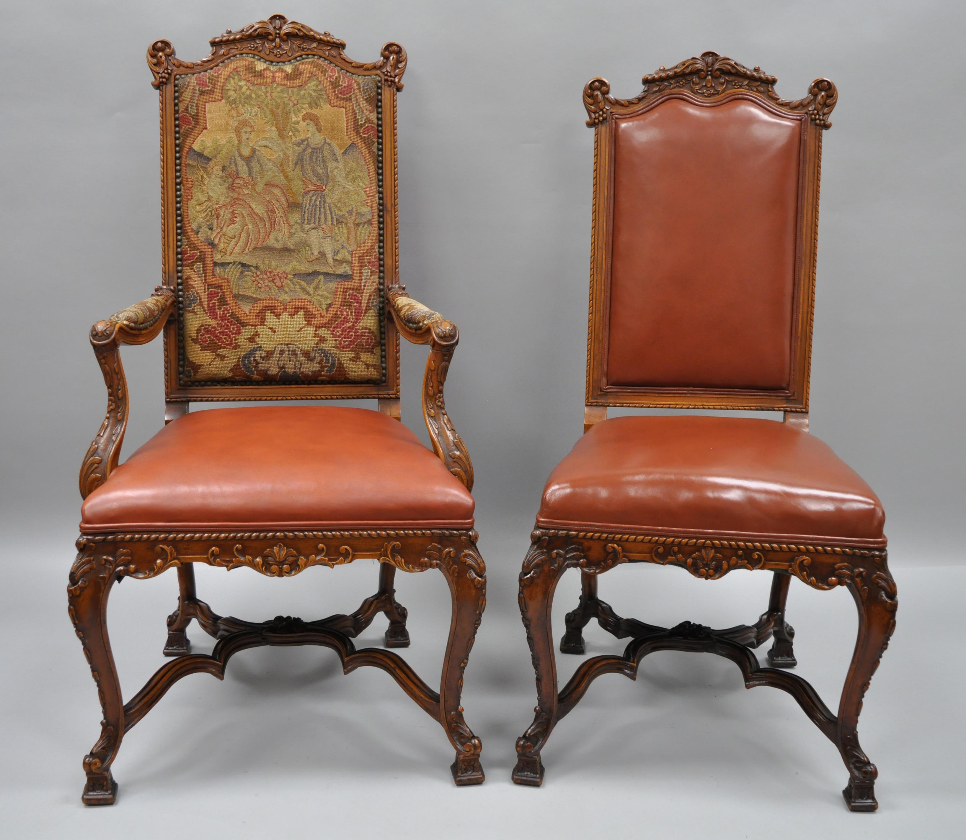 Louis XV Eight Italian Renaissance Rococo Carved Walnut Needlepoint Leather Dining Chairs
