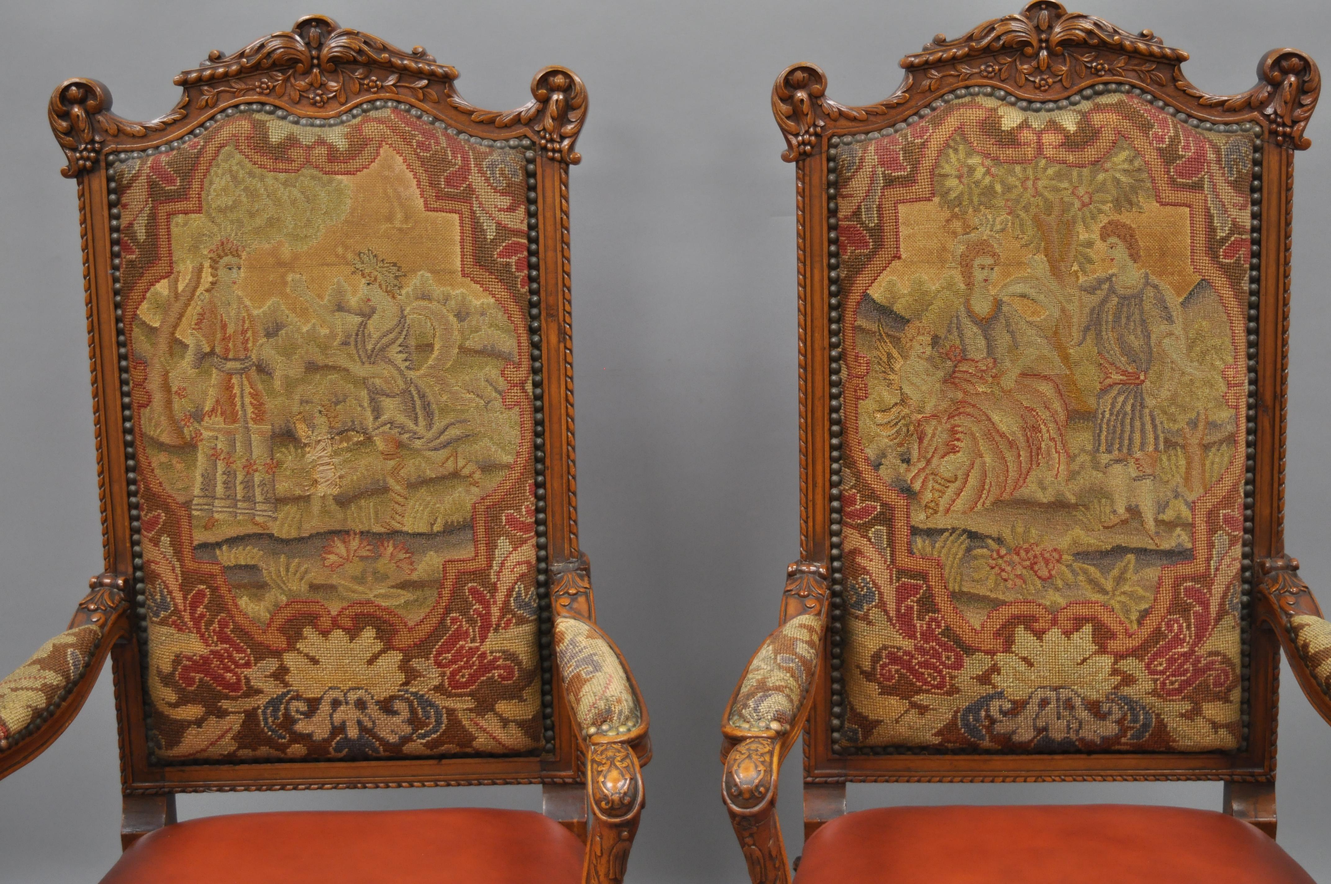 Unknown Eight Italian Renaissance Rococo Carved Walnut Needlepoint Leather Dining Chairs