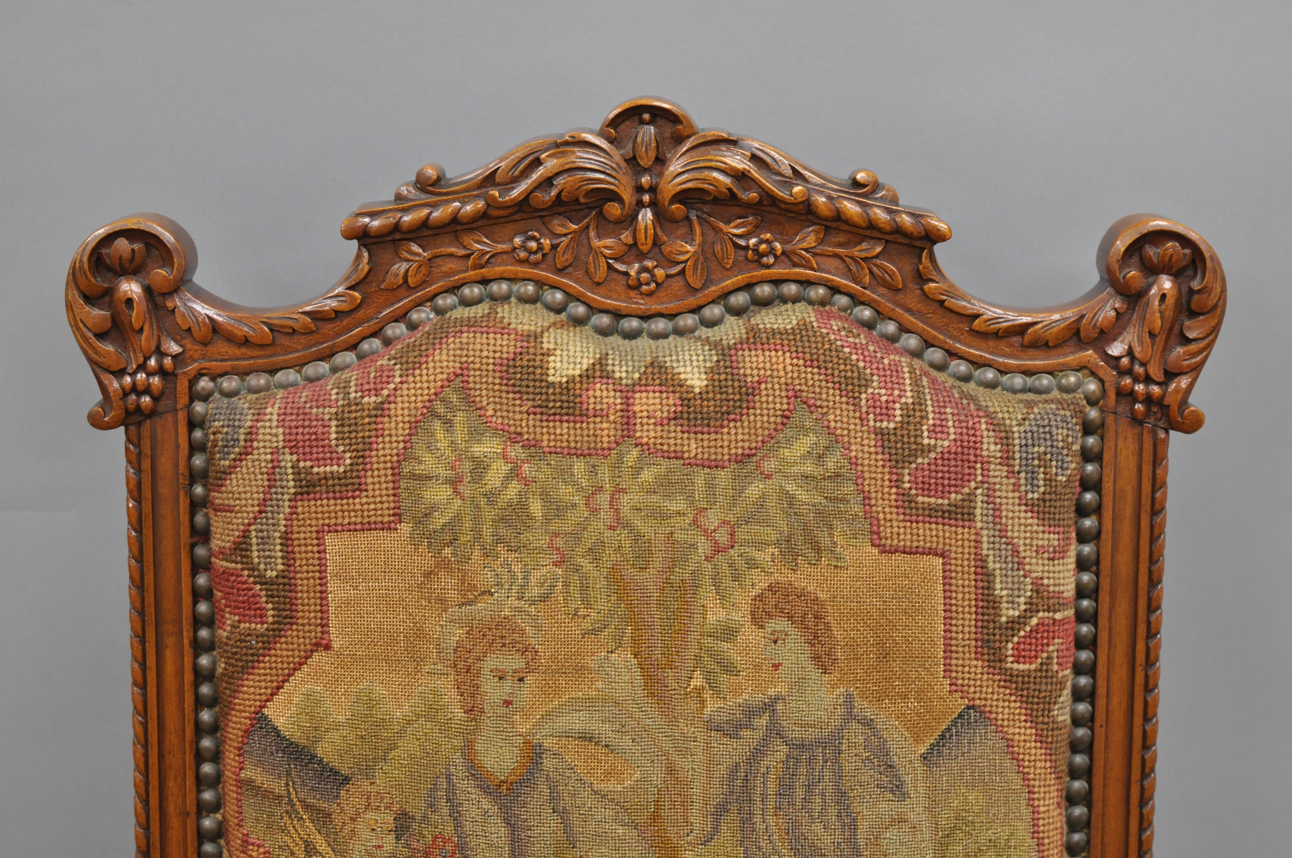 Eight Italian Renaissance Rococo Carved Walnut Needlepoint Leather Dining Chairs In Good Condition In Philadelphia, PA