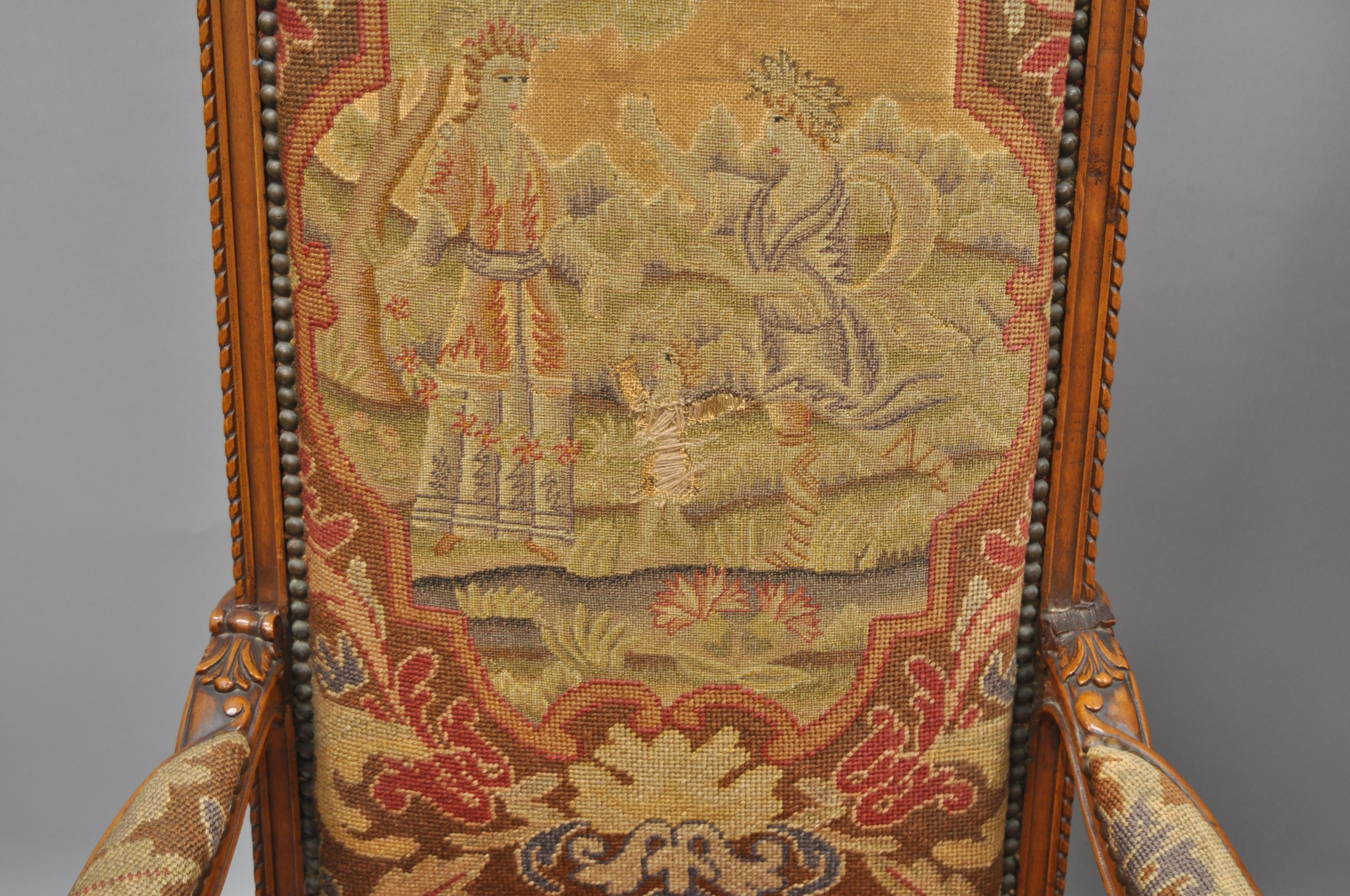 19th Century Eight Italian Renaissance Rococo Carved Walnut Needlepoint Leather Dining Chairs