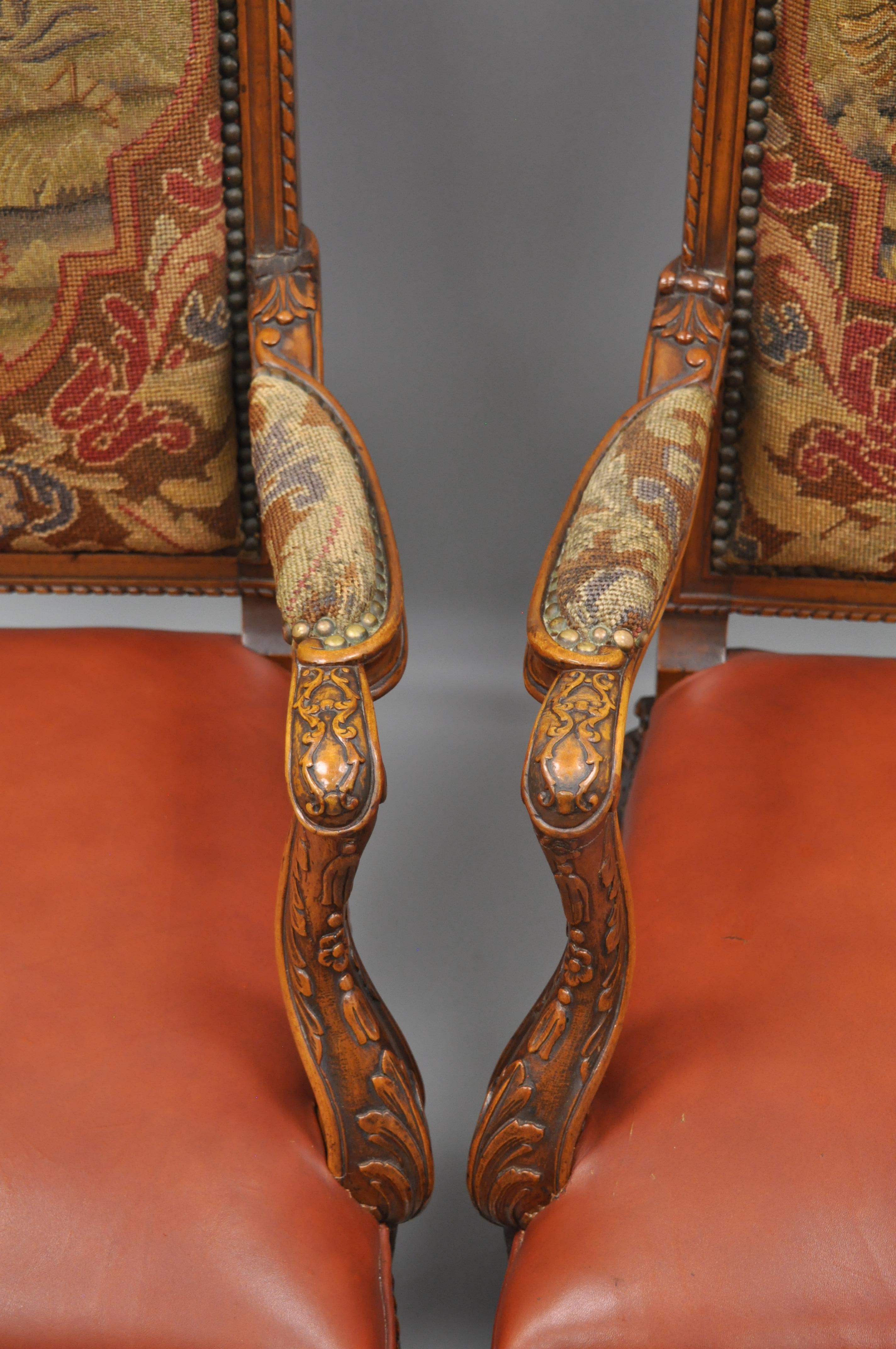 Fabric Eight Italian Renaissance Rococo Carved Walnut Needlepoint Leather Dining Chairs