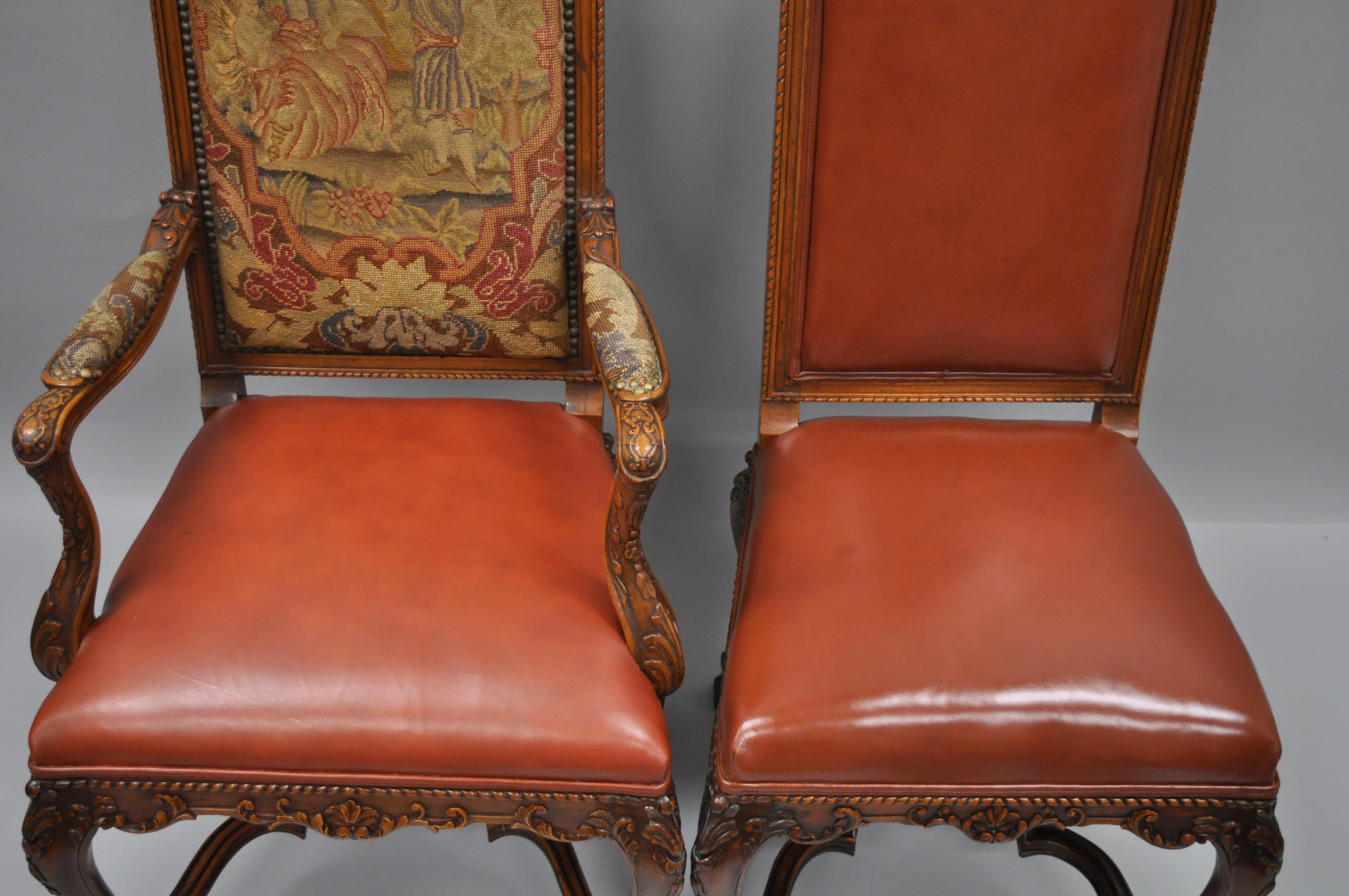 Eight Italian Renaissance Rococo Carved Walnut Needlepoint Leather Dining Chairs 1