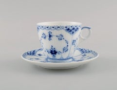 Eight Royal Copenhagen Blue Fluted Half Lace Coffee Cups with Saucers