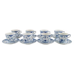 Eight Royal Copenhagen Blue Fluted Half Lace Coffee Cups with Saucers