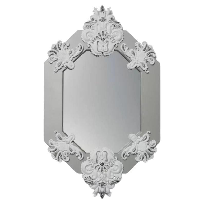 Eight Sided Limited Edition Wall Mirror with Silver Wood Frame & White Porcelain
