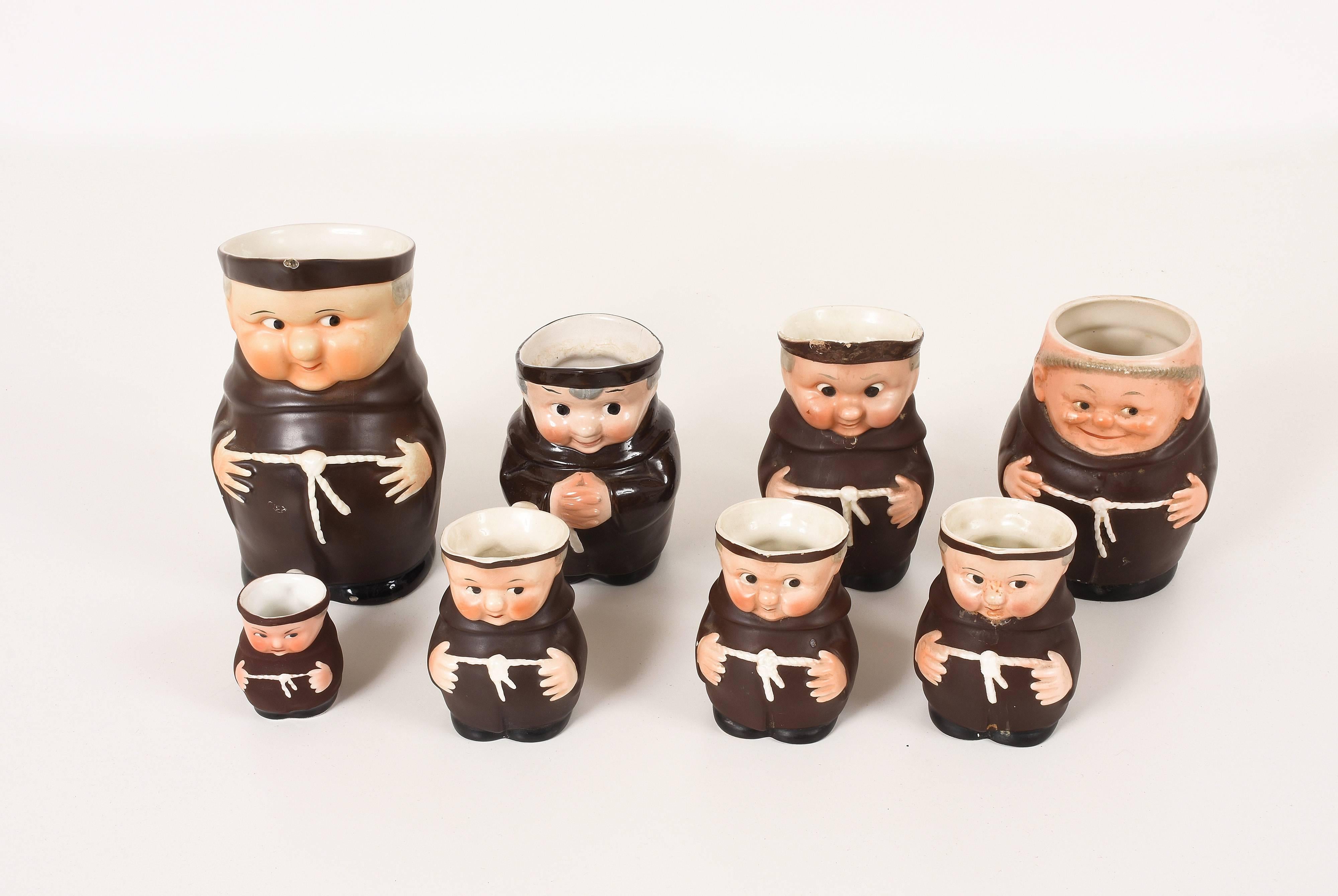 European Eight Small Porcelain Mugs, Friars, Various Measures, Italian and German For Sale