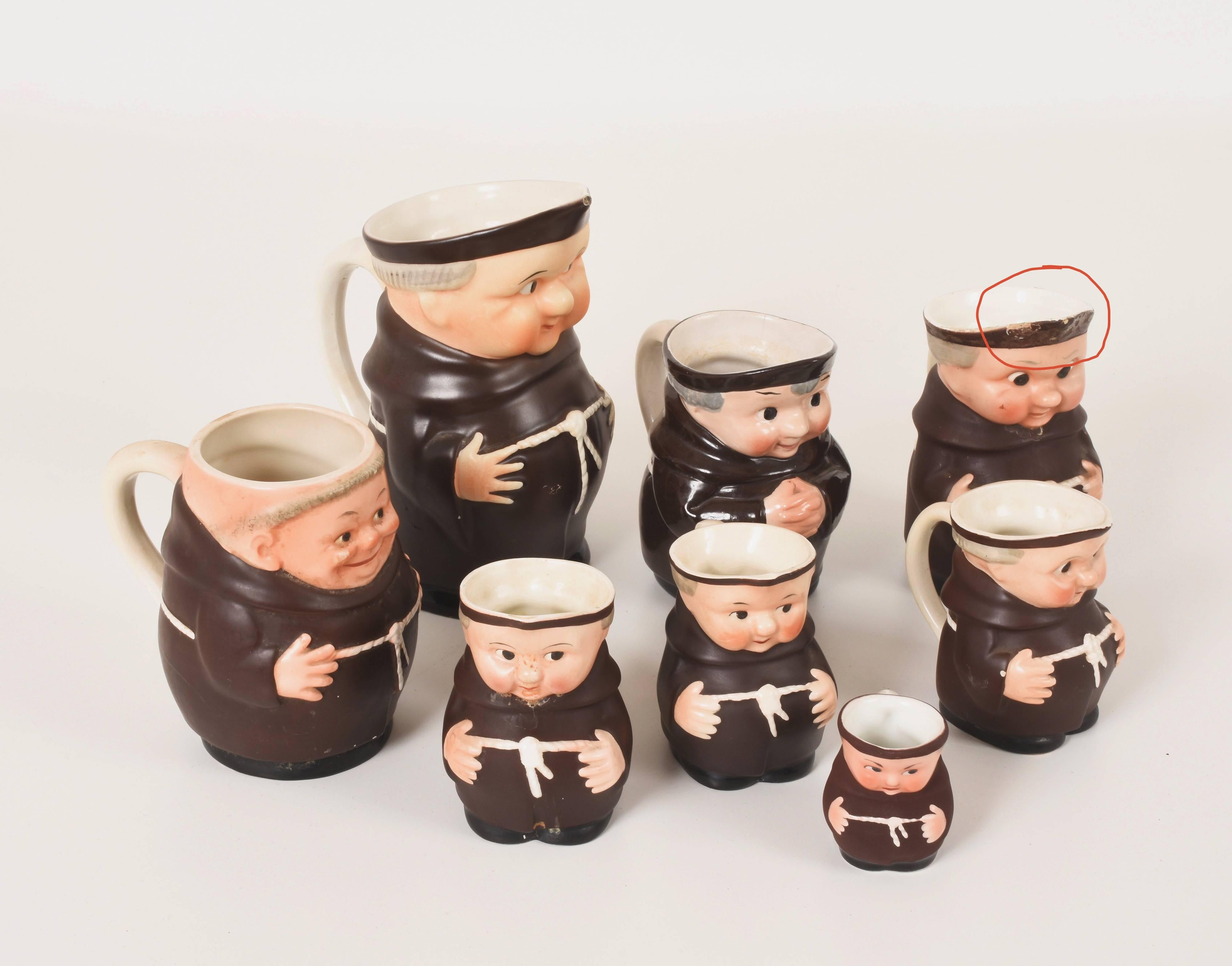 Eight Small Porcelain Mugs, Friars, Various Measures, Italian and German For Sale 1