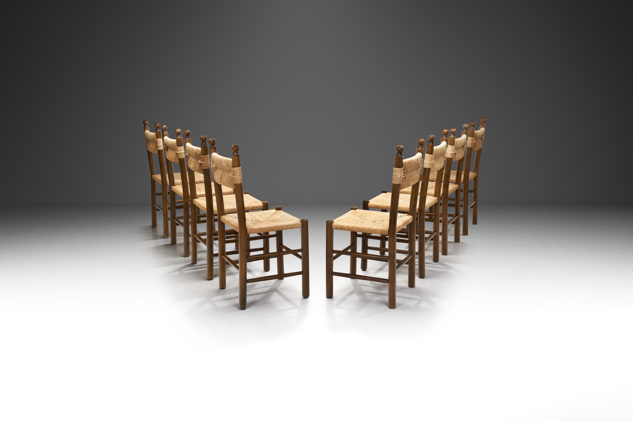 European Eight Solid Wood and Straw Dining Chairs, Europe ca 1950s For Sale