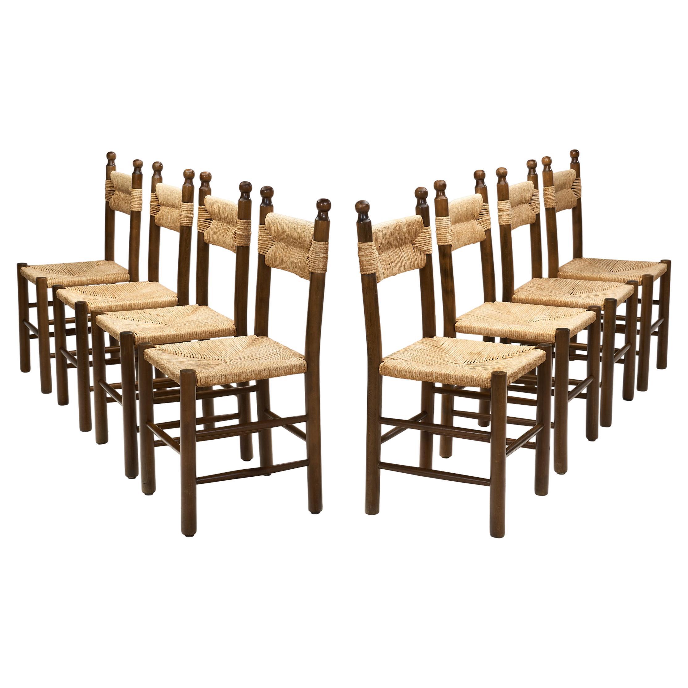 Eight Solid Wood and Straw Dining Chairs, Europe ca 1950s