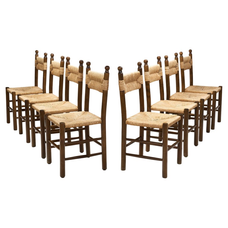 Set of 8 Wood and Straw Dining Chairs, 1950s