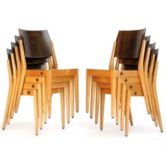Eight Stacking Chairs by Karl Schwanzer, Thonet, Bicolored Wood, Austria, 1953