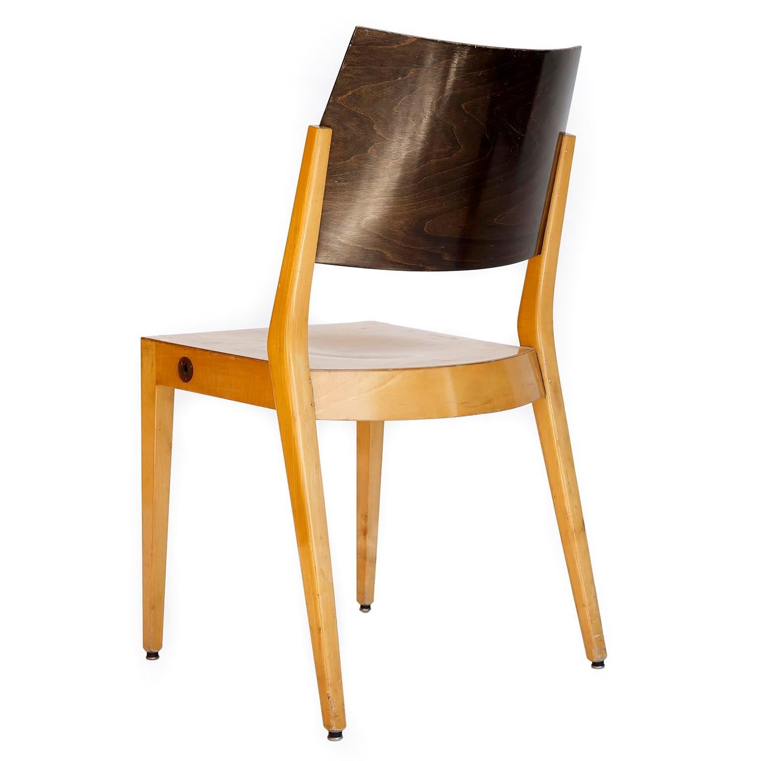 Stained Eight Stacking Chairs by Karl Schwanzer, Thonet, Bicolored Wood, Austria, 1953