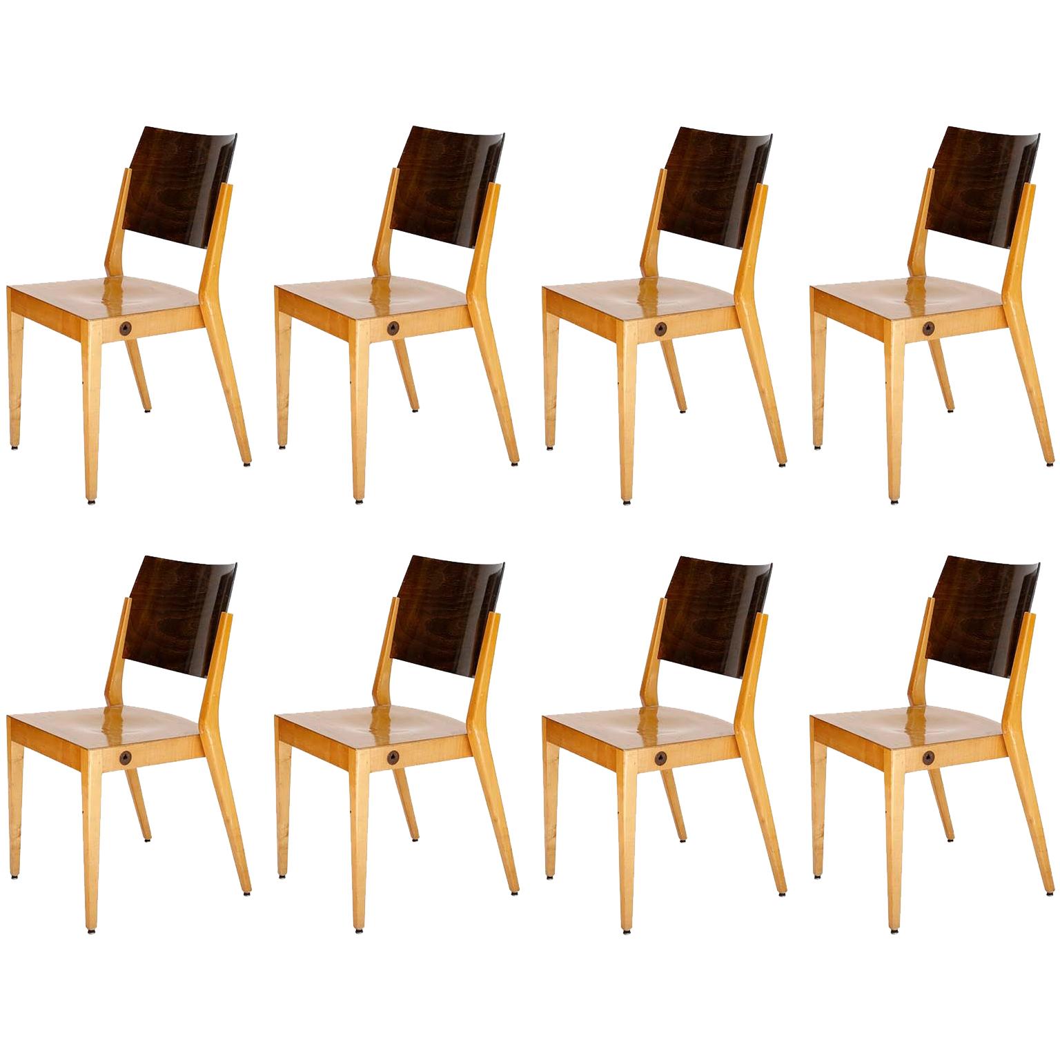 Eight Stacking Chairs by Karl Schwanzer, Thonet, Bicolored Wood, Austria, 1953