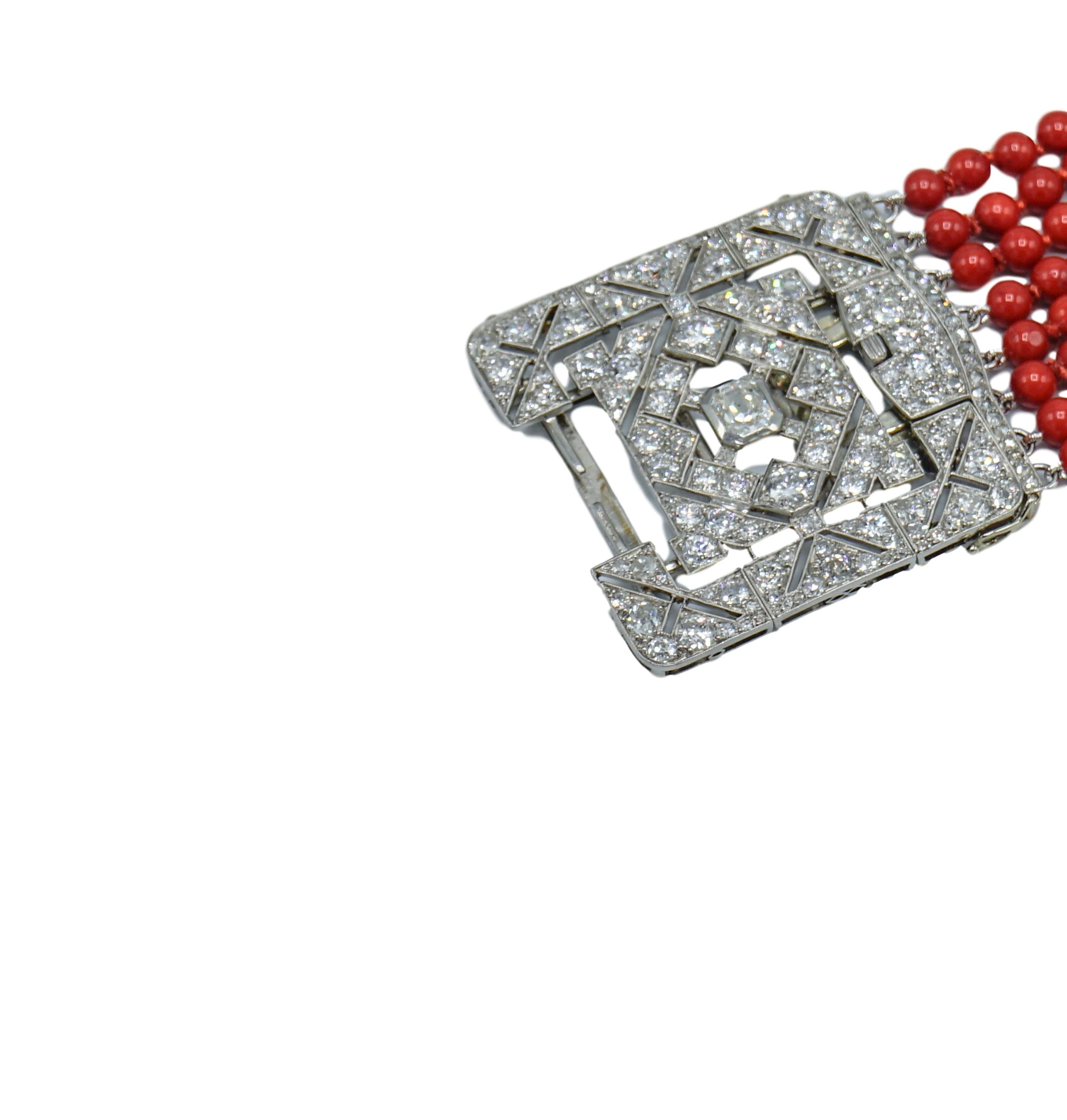 Women's or Men's Eight-Strand Coral Bead Bracelet with Platinum, White Gold and Diamond Clasp