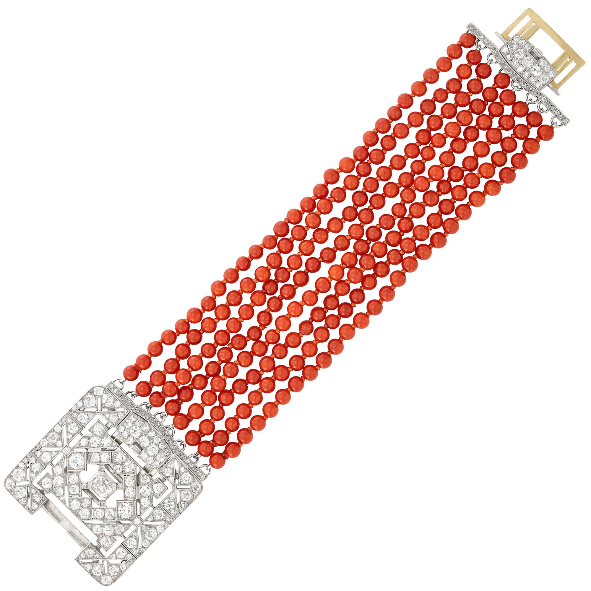 Eight-Strand Coral Bead Bracelet with Platinum, White Gold and Diamond Clasp