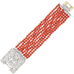 Eight-Strand Coral Bead Bracelet with Platinum, White Gold and Diamond Clasp