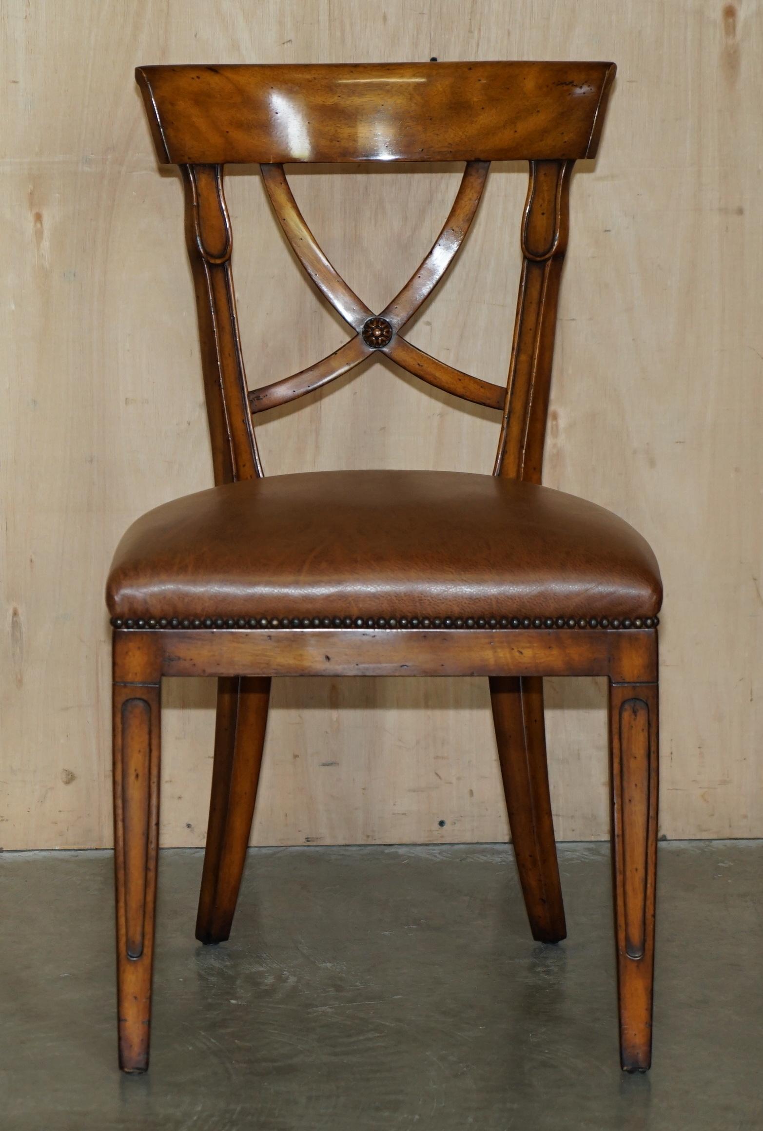 Regency EIGHT STUNNING THEODORE ALEXANDER BROWN LEATHER EMBOSSED DiNING CHAIRS PART SET