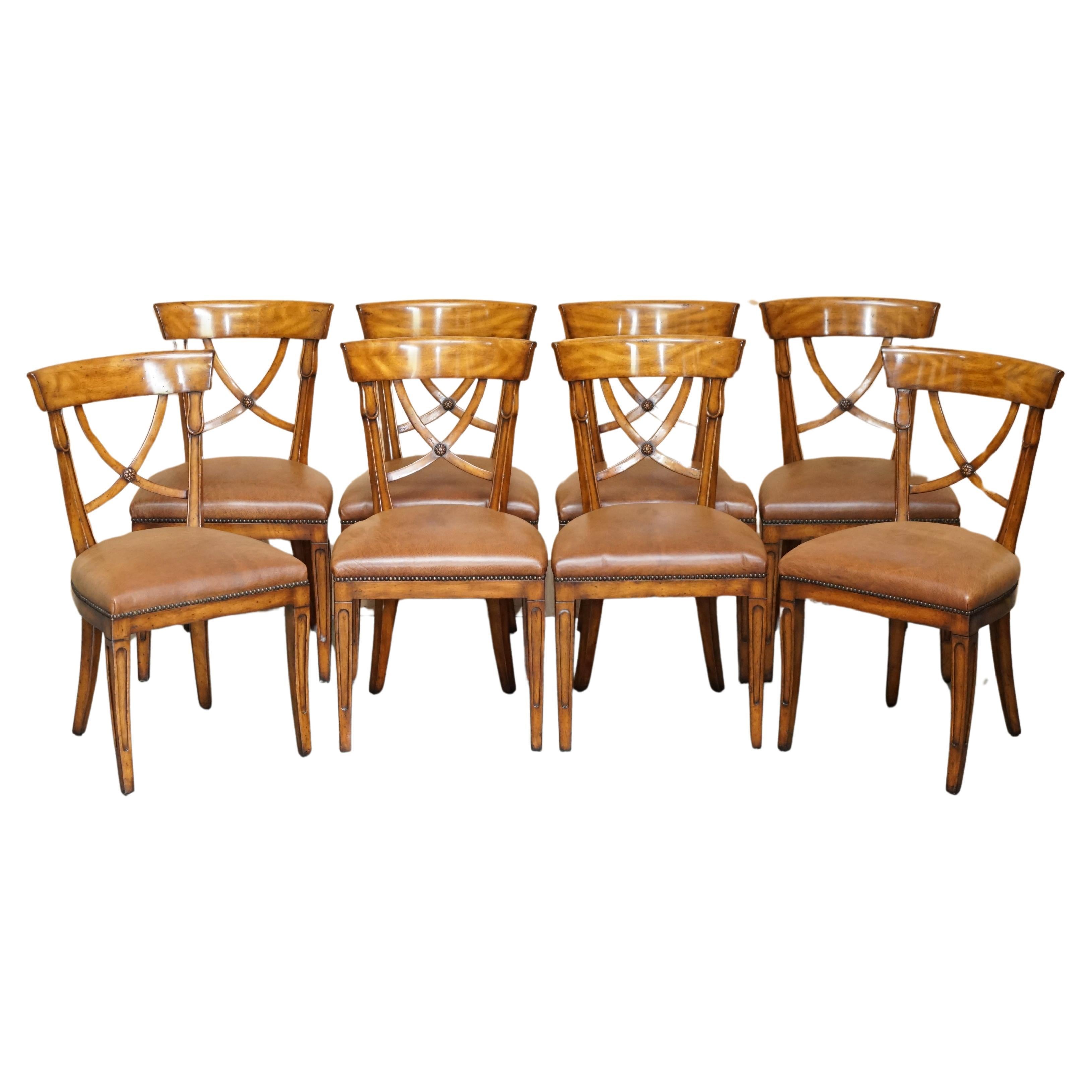EIGHT STUNNING THEODORE ALEXANDER BROWN LEATHER EMBOSSED DiNING CHAIRS PART SET For Sale