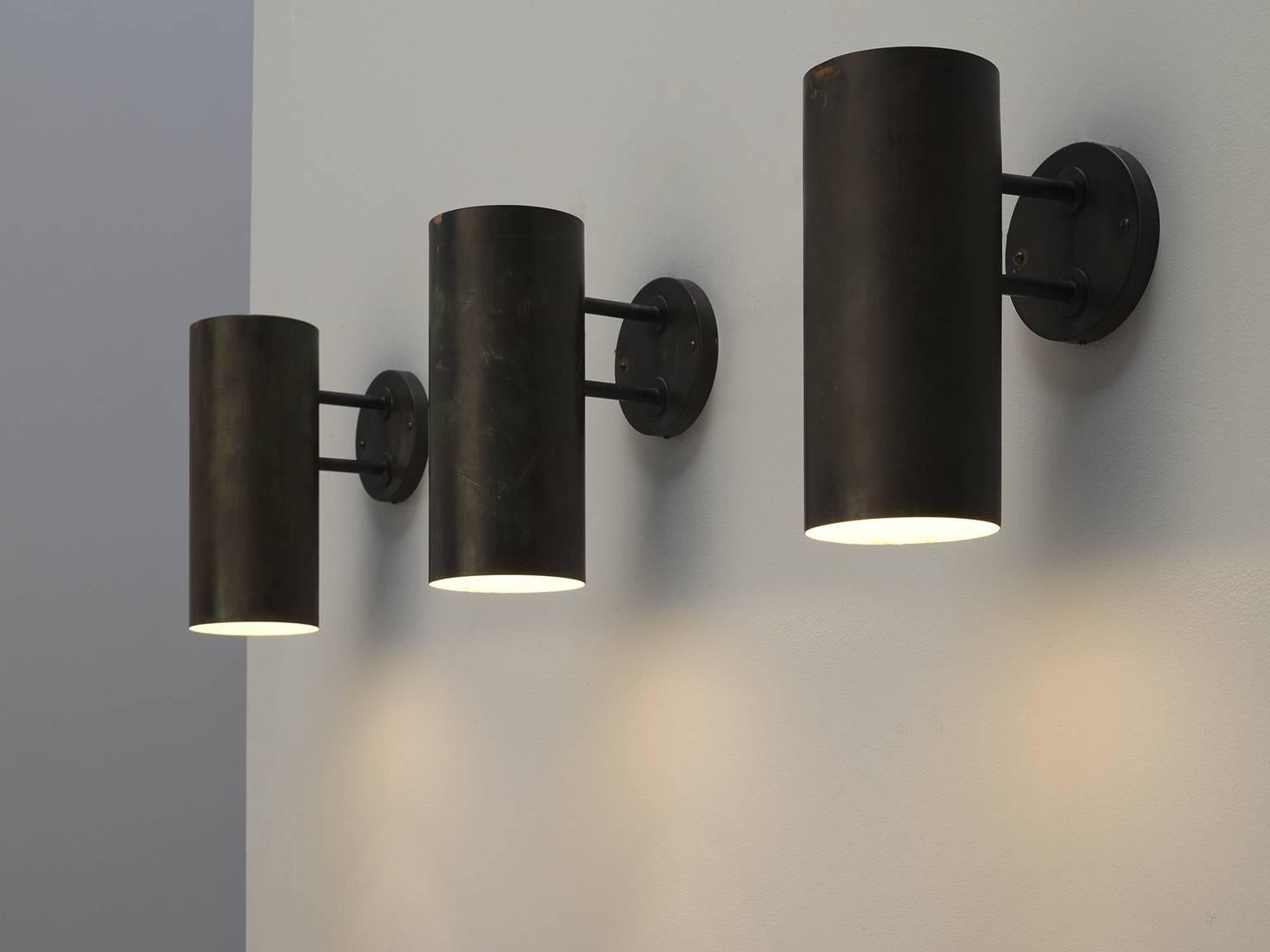 Hans-Agne Jakobsson for AB Markaryd, cylinder-shaped wall lights, Sweden, 1960s.

This set of light is executed in patinated solid copper. The light, that is reflected by the patinated copper creates a beautiful atmosphere. The exiting shape of the