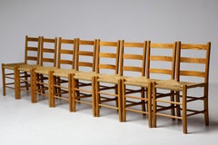 Eight Swedish Dining Chairs in Oregon Pine with Twisted Seagrass Seats, 1940s