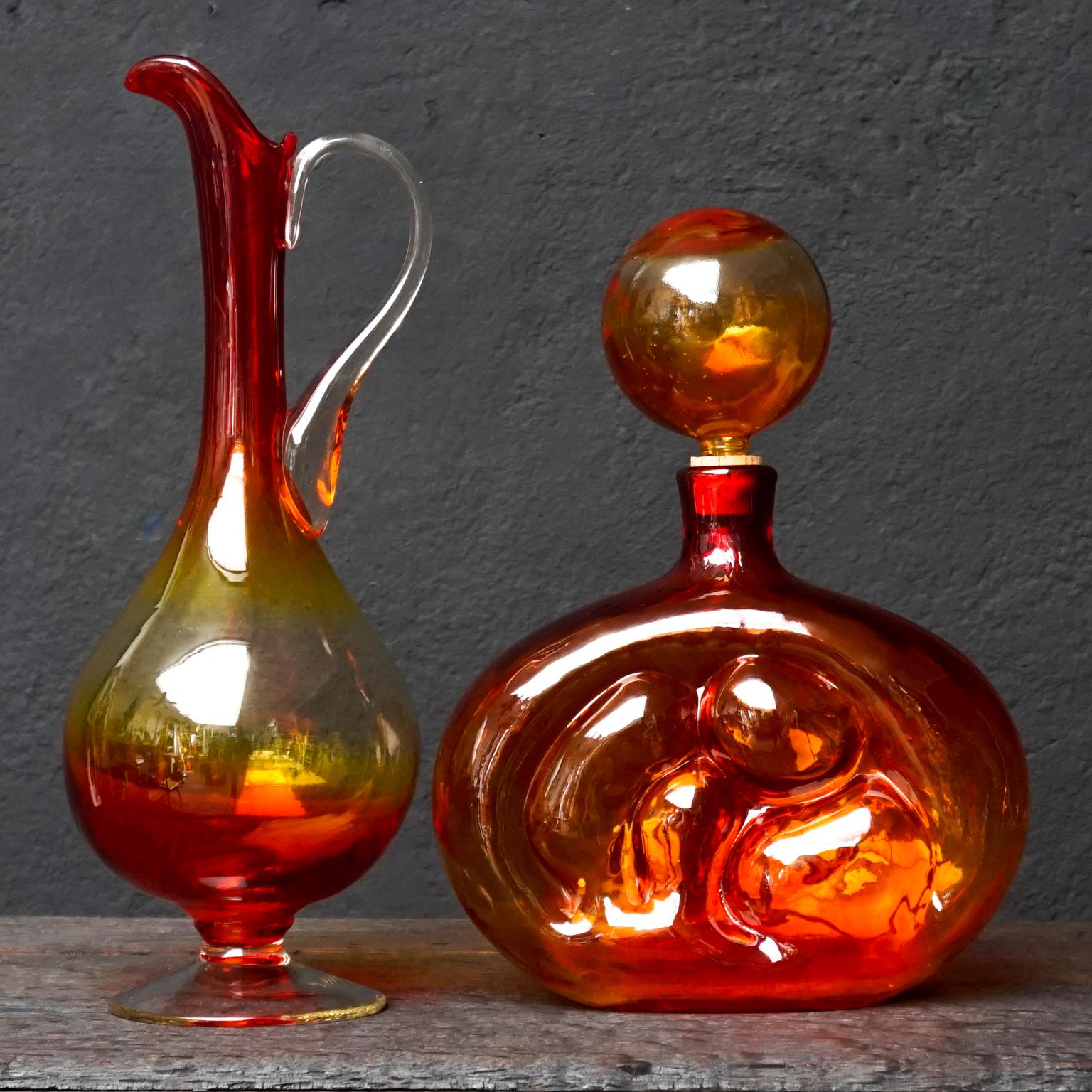 Mid-Century Modern Eight Tangerine Amberina 60s Italian Empoli Rossini Glass Decanters Blenko Style