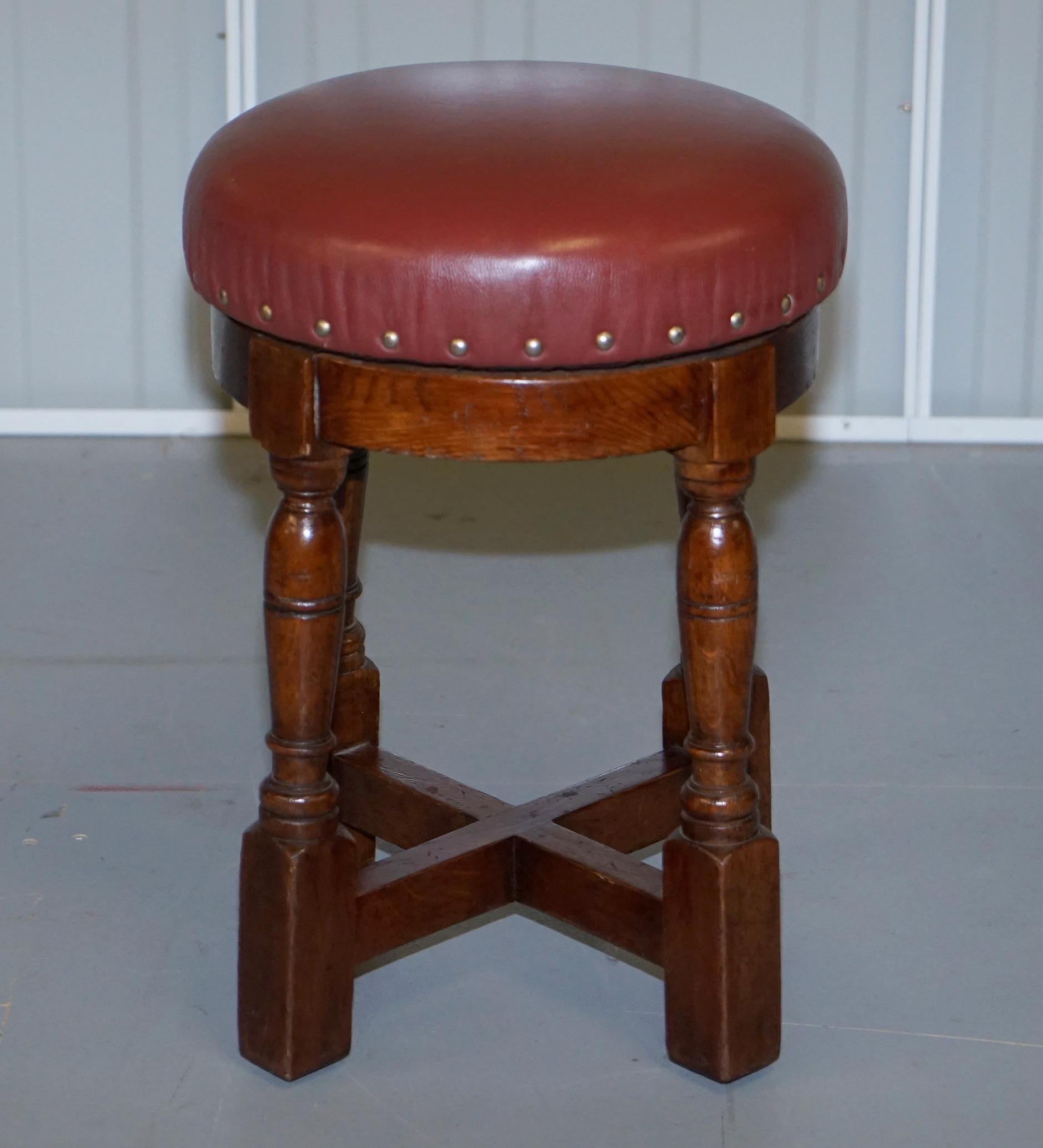 We are delighted to offer for sale this lovely suite of eight Taylors pub furniture Sheldon low stools in oak with leather seats

A good looking and well made set, all the seats swivel, these are of course low stools so to use with normal sized