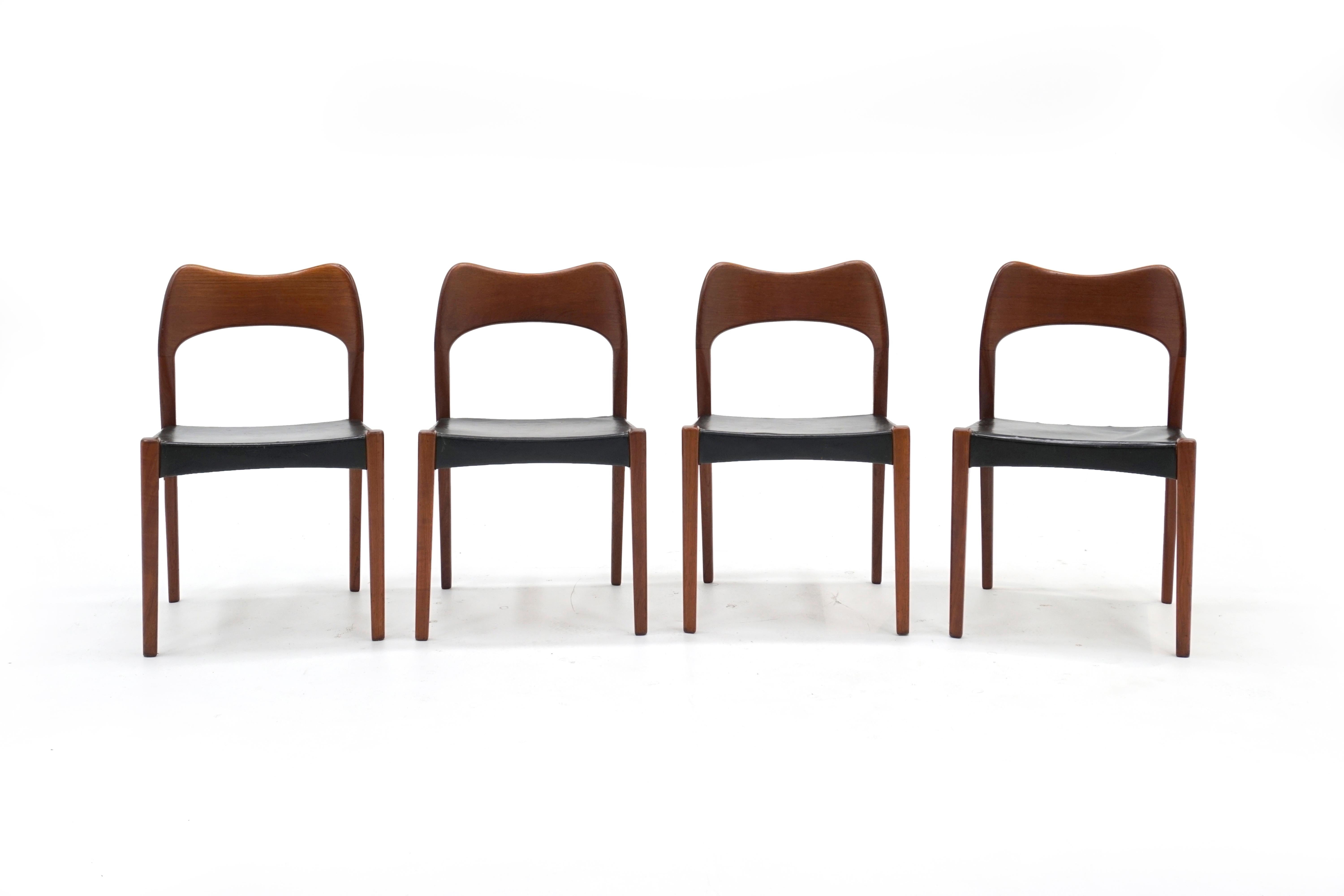 Scandinavian Modern Eight Teak with Black Leather Dining Chairs by Niels Otto Møller