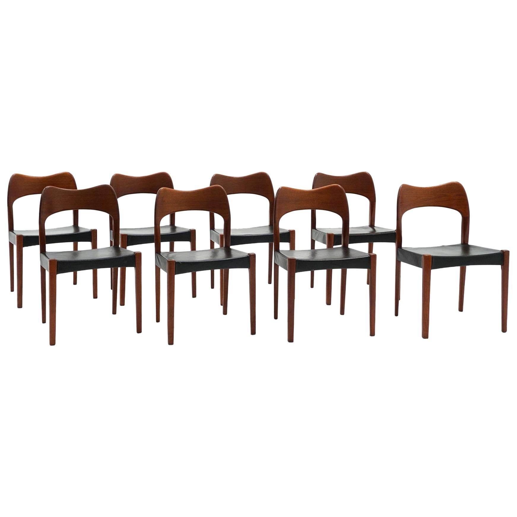 Eight Teak with Black Leather Dining Chairs by Niels Otto Møller