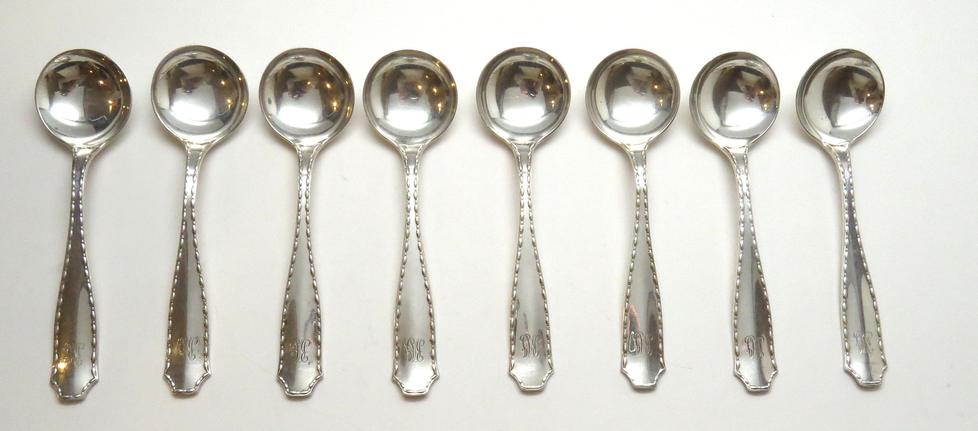 Eight TIFFANY & CO. Sterling silver large chocolate spoons in the 1902 Marquis pattern. 
Monogrammed: Raj. Marked: TIFFANY & CO. STERLING PAT. 1902.
 Measures: 5 1/4