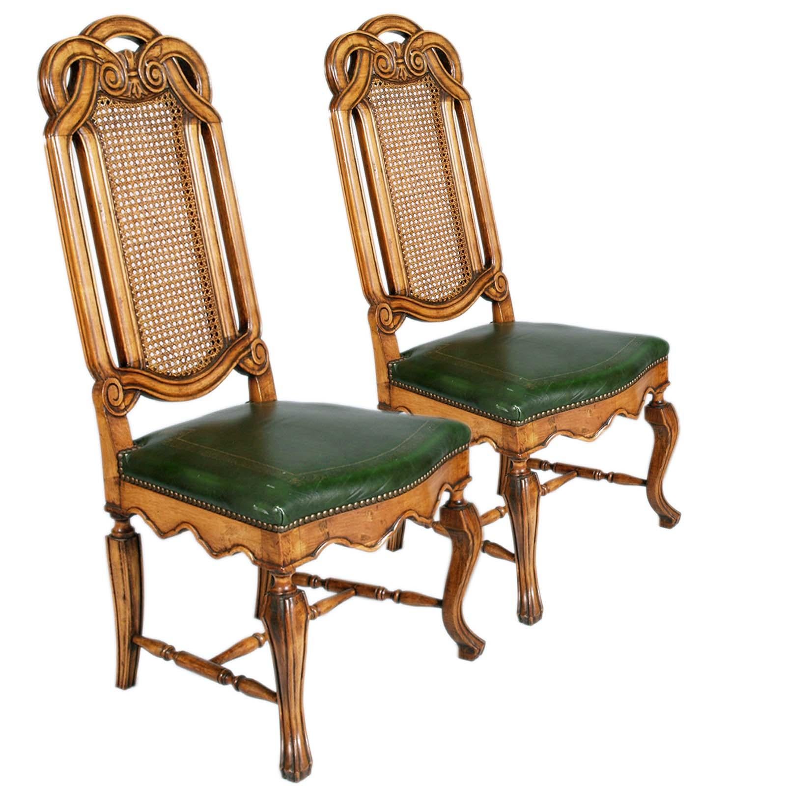 Baroque Revival Eight Venetian Chippendale Palladian Chairs, in Walnut, Vienna straw, Leather For Sale