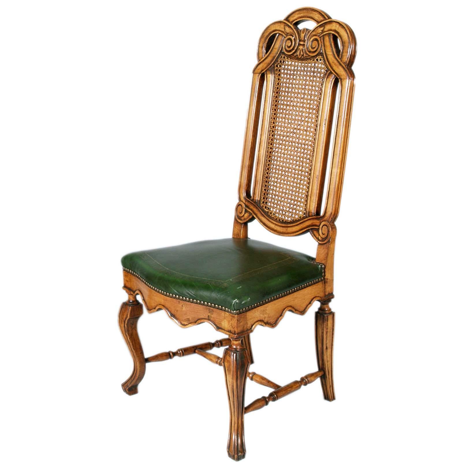 Italian Eight Venetian Chippendale Palladian Chairs, in Walnut, Vienna straw, Leather For Sale