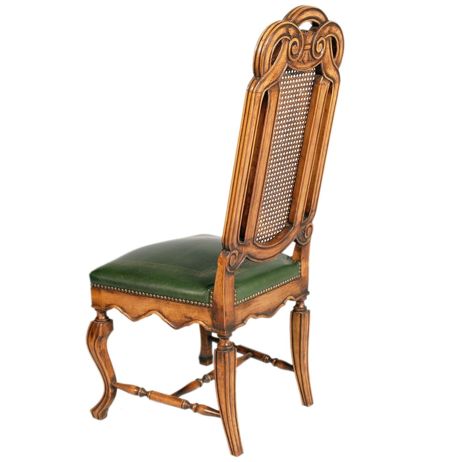 Carved Eight Venetian Chippendale Palladian Chairs, in Walnut, Vienna straw, Leather  For Sale