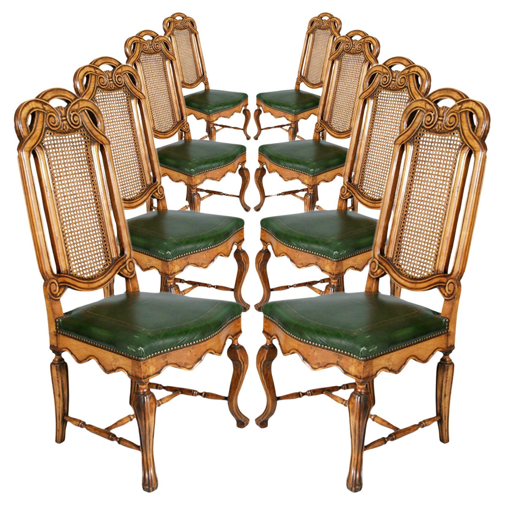Eight Venetian Chippendale Palladian Chairs, in Walnut, Vienna straw, Leather For Sale