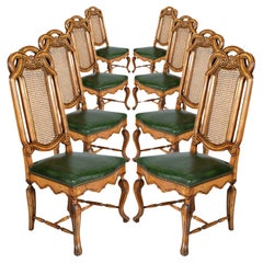 Vintage Eight Venetian Chippendale Palladian Chairs, in Walnut, Vienna straw, Leather 