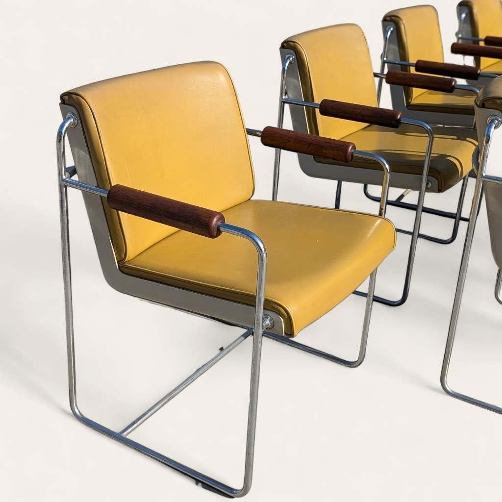 Eight Vintage Armchairs, Mid Century Modern, Faux Leather, Chrome, Office, MCM For Sale 8