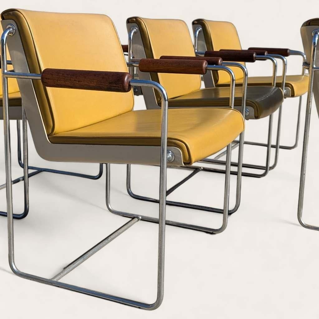 Eight Vintage Armchairs, Mid Century Modern, Faux Leather, Chrome, Office, MCM For Sale 10