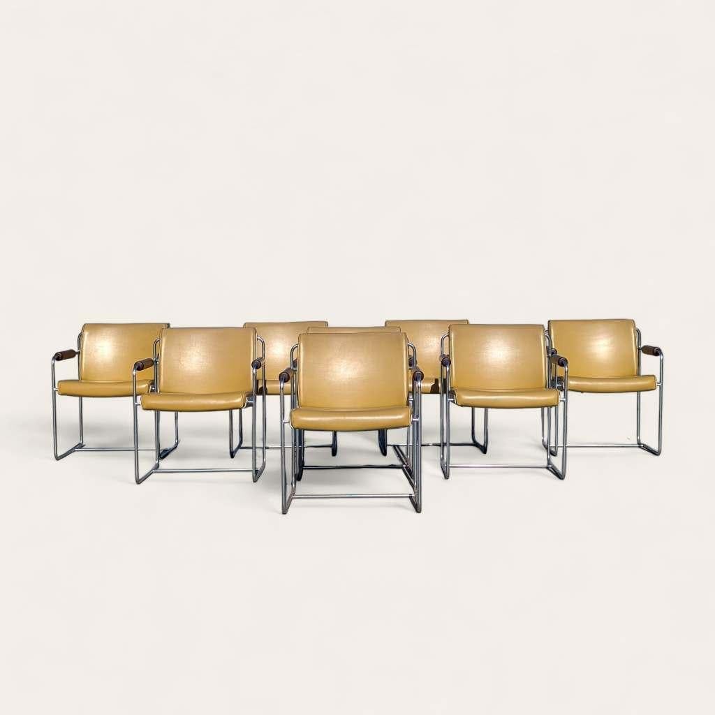 Eight Vintage Armchairs, Mid Century Modern, Faux Leather, Chrome, Office, MCM In Good Condition For Sale In Rancho Cucamonga, CA