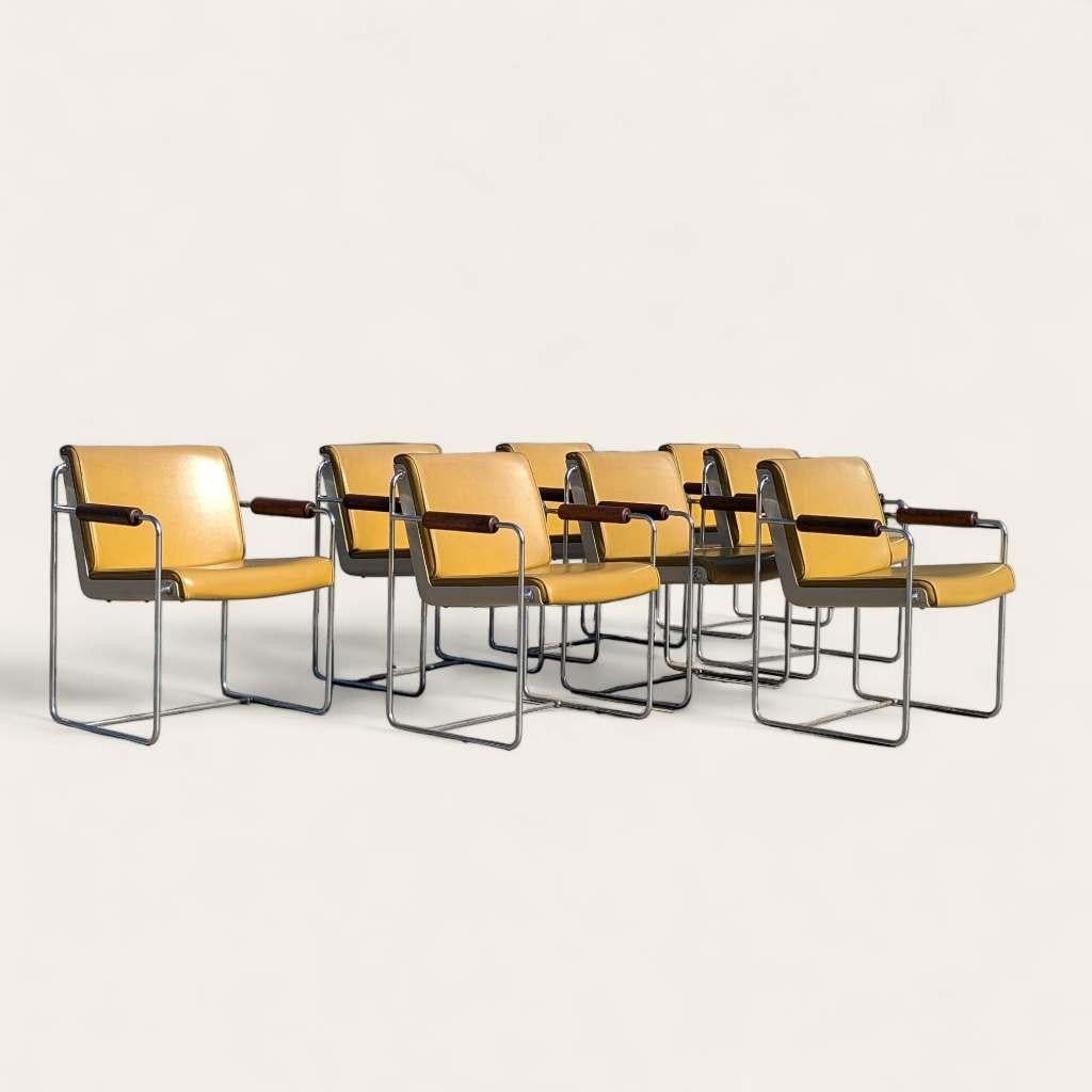 Eight Vintage Armchairs, Mid Century Modern, Faux Leather, Chrome, Office, MCM For Sale 2