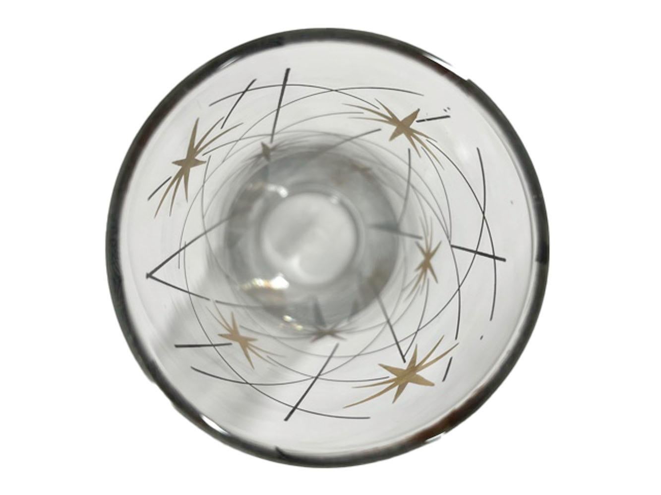 Mid-Century Modern Eight Vintage Atomic Tom Collins Glasses with Gold Stars and Black Enamel Lines