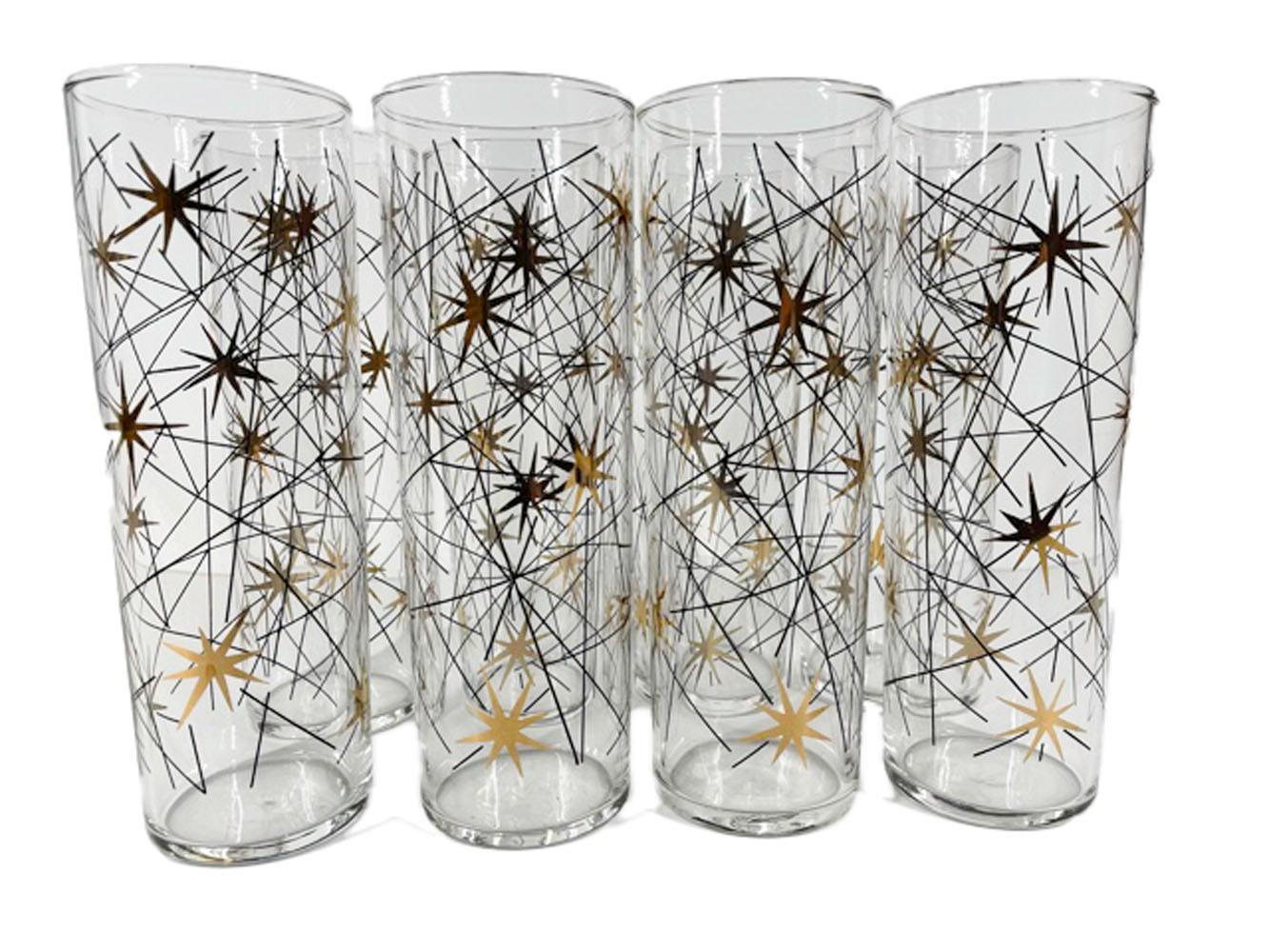 American Eight Vintage Atomic Tom Collins Glasses with Gold Stars and Black Enamel Lines
