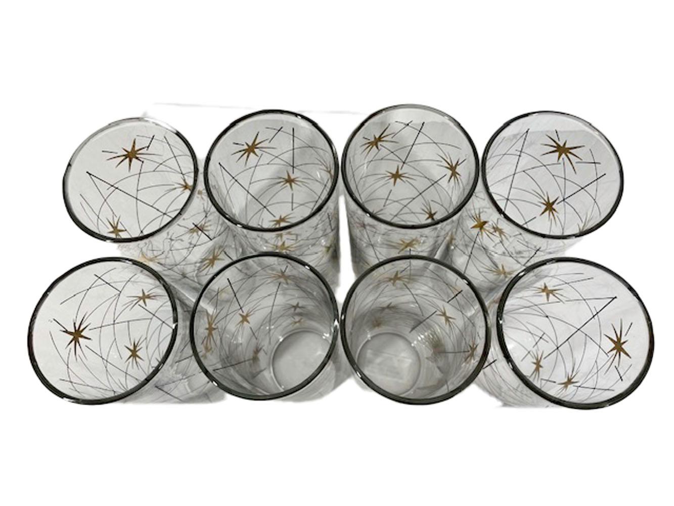 Eight Vintage Atomic Tom Collins Glasses with Gold Stars and Black Enamel Lines In Good Condition In Nantucket, MA