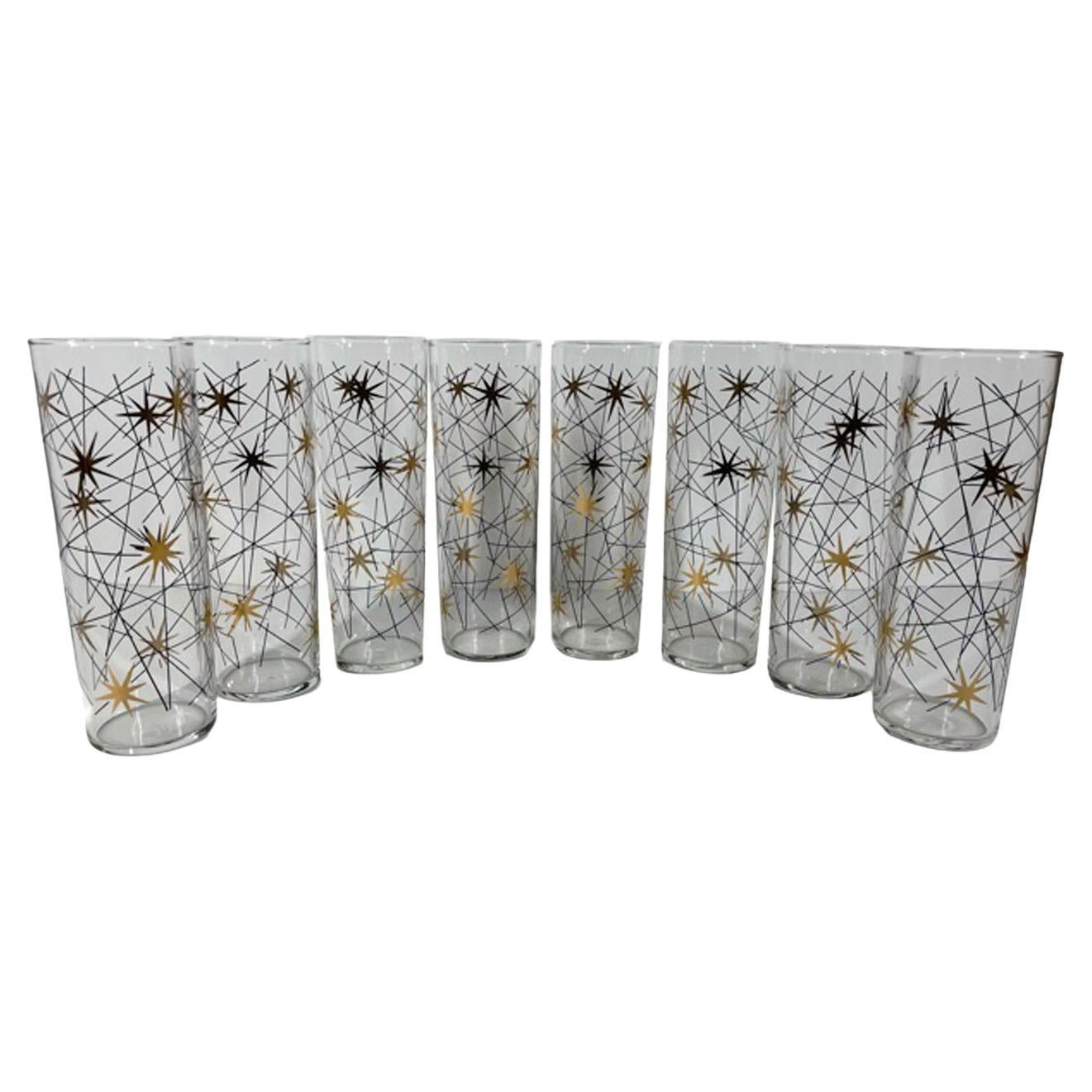 Vintage Black and Gold Coin Mid Century Tom Collins Glasses, Set