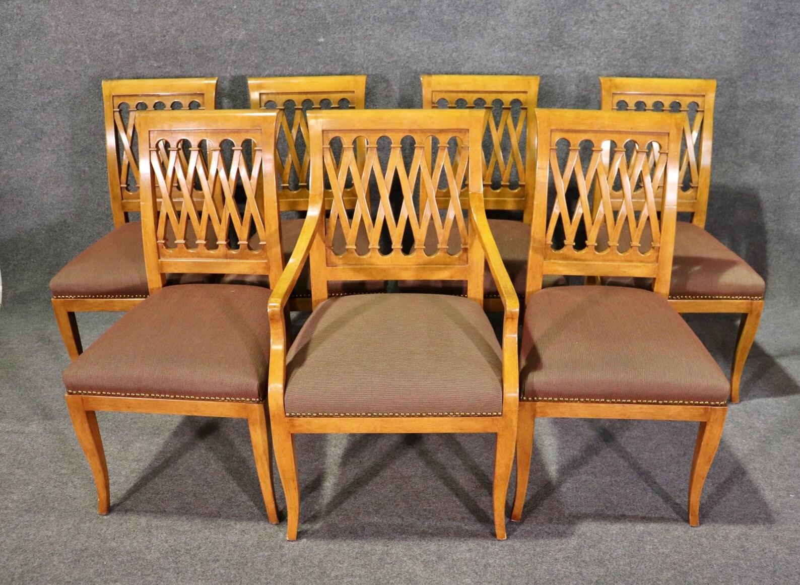 Dimensions: Height: 38 in Width: 20 in Depth: 22 1/2in Seat Height: 18 1/4in

This set of 8 Mid Century Modern Biedermeier style beechwood chairs is of the highest quality! These chairs are perfect for you and your home and will bring a sense of