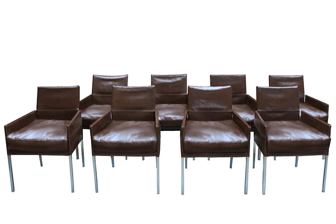 A set of eight vintage chairs produced in Germany by KFF. Although showing signs of wear these still remain a set of very comfortable and stylish chairs. Don’t be fooled by the seat height at 48cm, (which is high for a dining chair) as the duck down