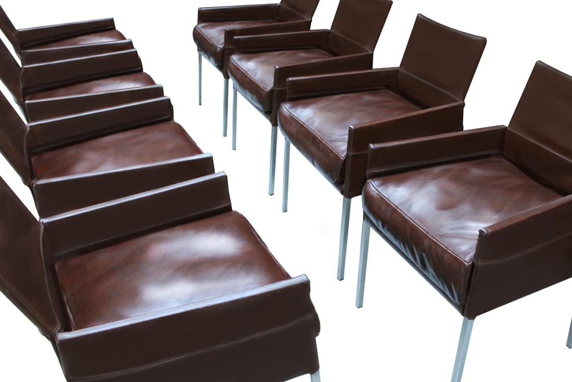 Post-Modern Eight Vintage Brown Leather ‘Texas’ Dining Chairs by Karl Friedrich Föster