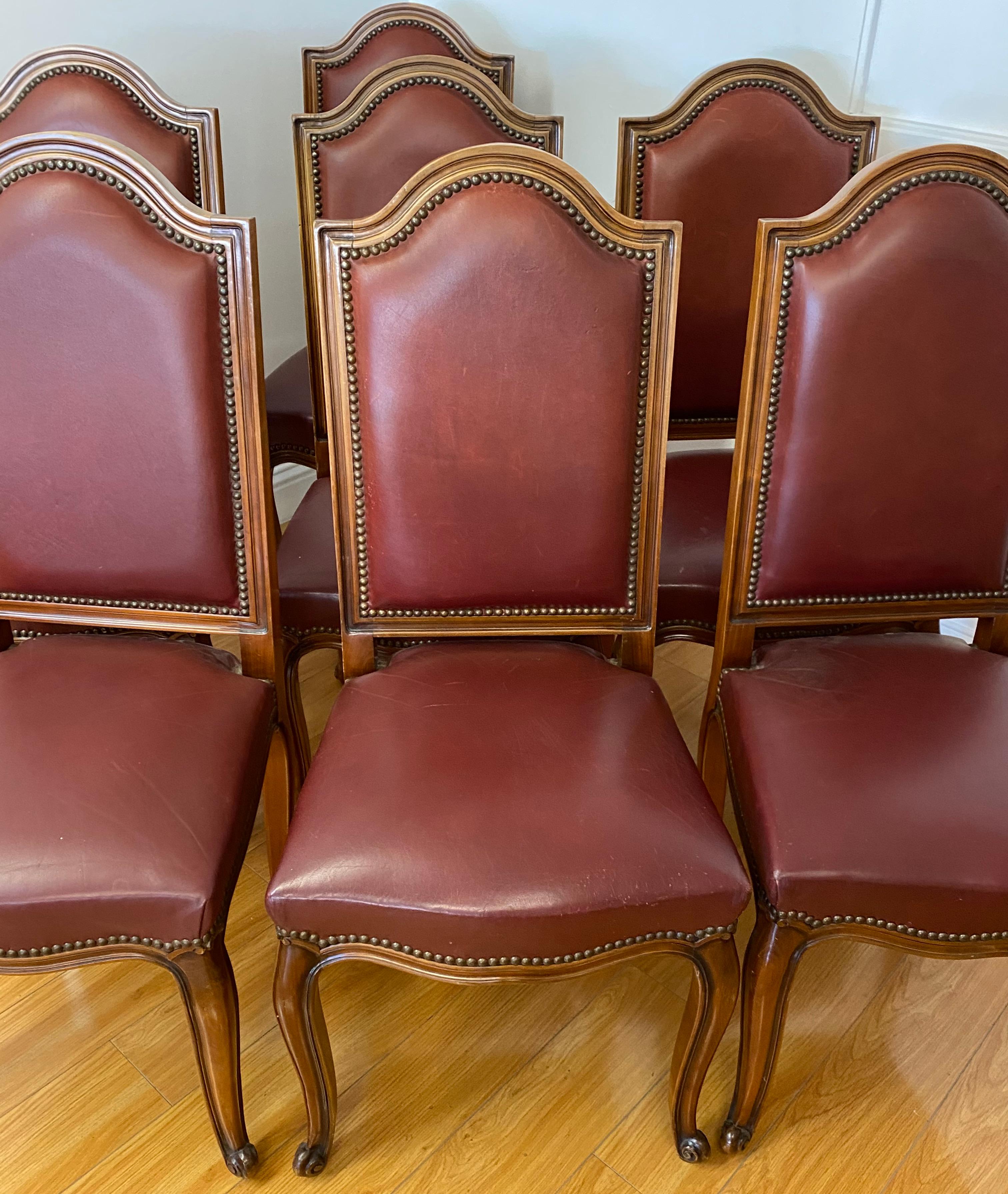 Eight Vintage Carved & Leather Upholstered High Back Dining Chairs 4