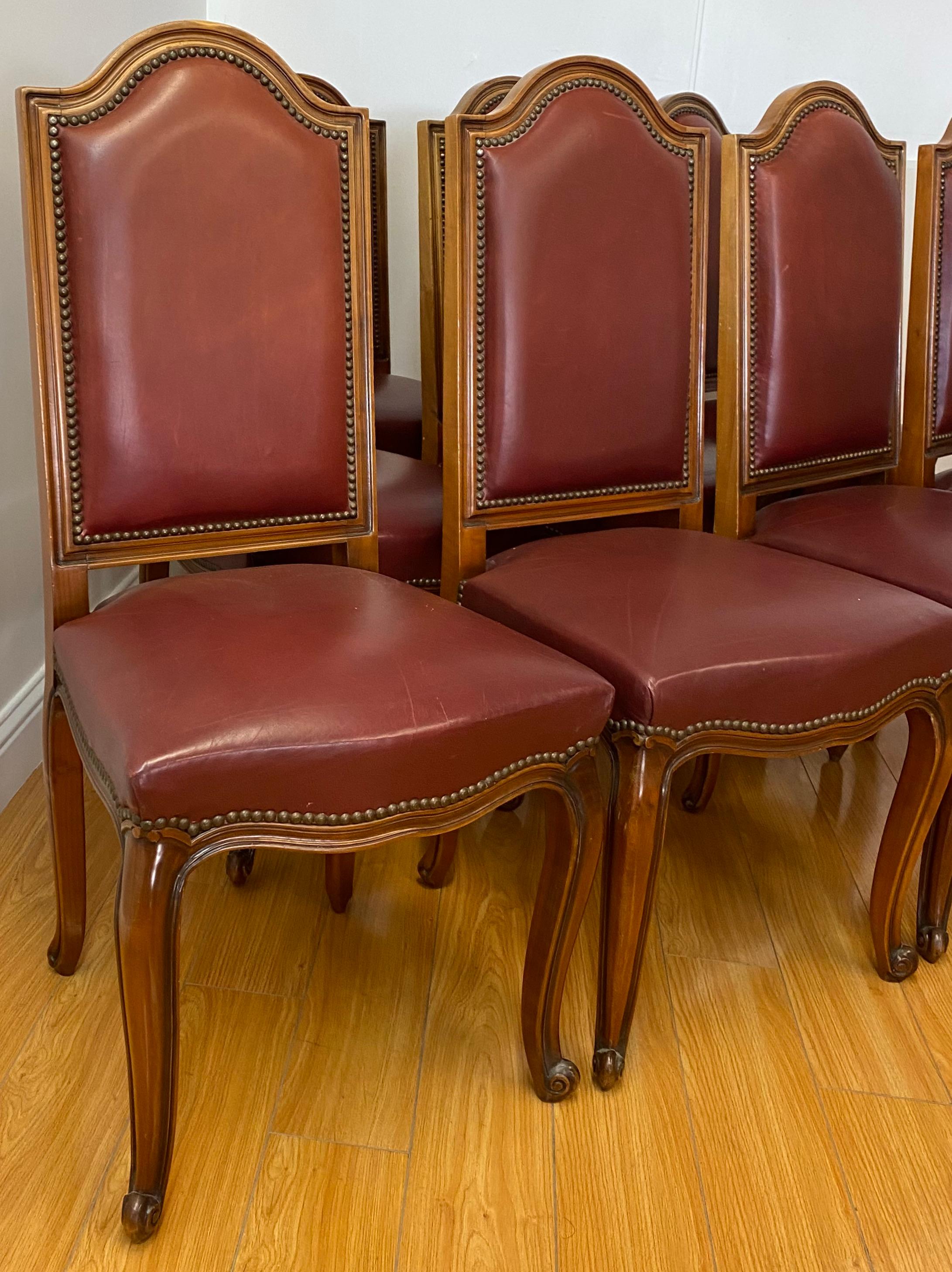 American Eight Vintage Carved & Leather Upholstered High Back Dining Chairs
