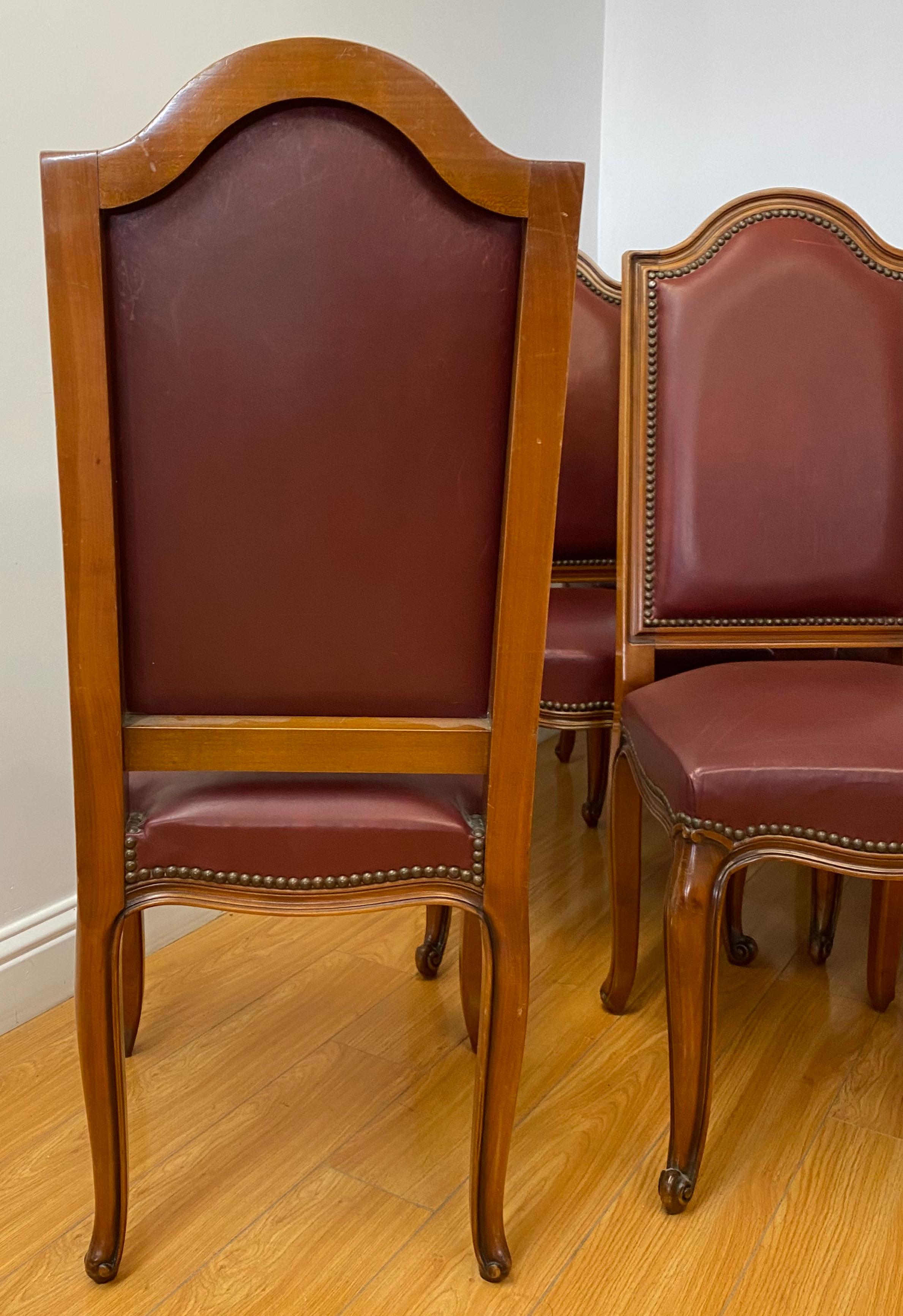 Eight Vintage Carved & Leather Upholstered High Back Dining Chairs 1