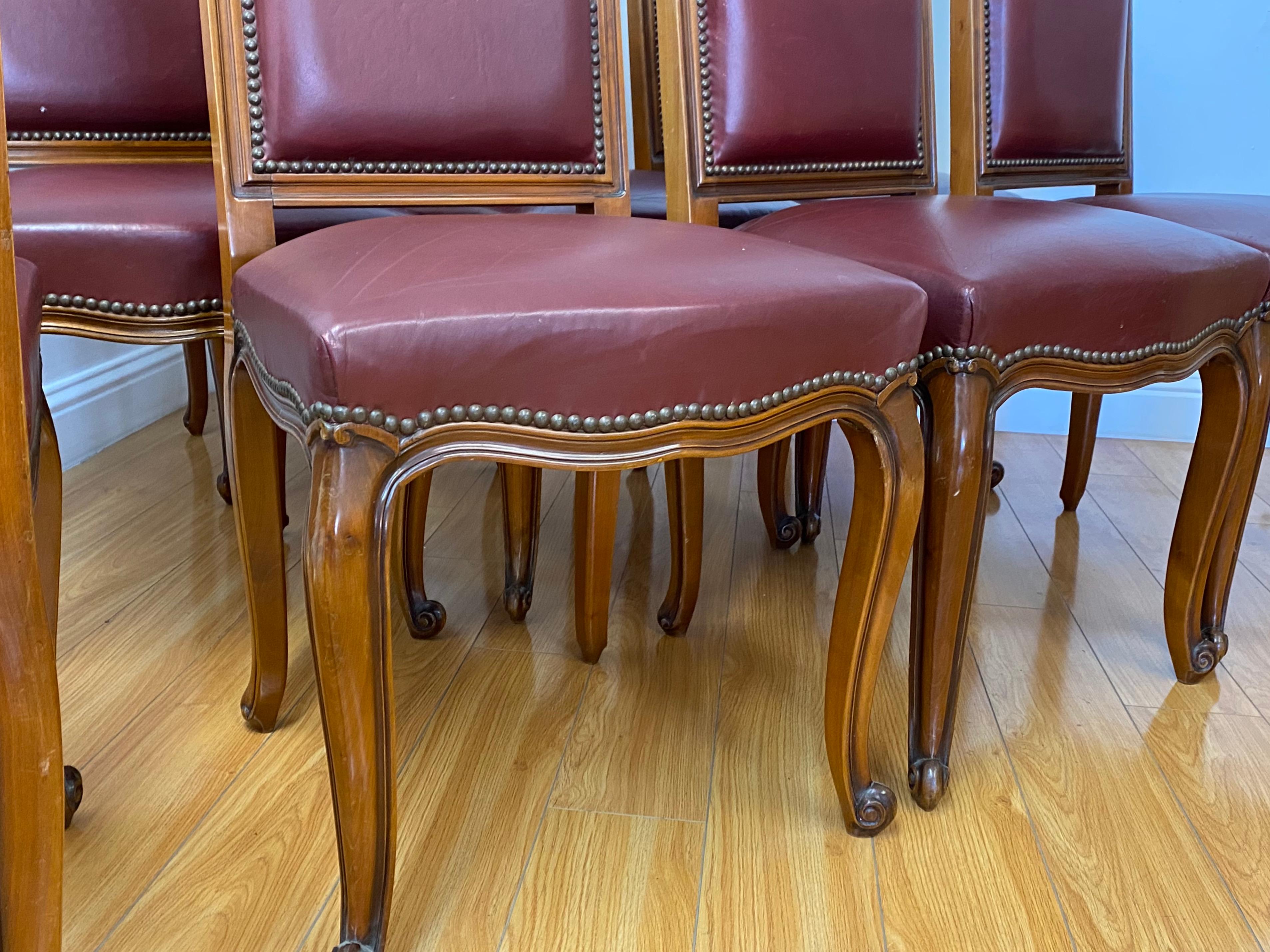 Eight Vintage Carved & Leather Upholstered High Back Dining Chairs 2